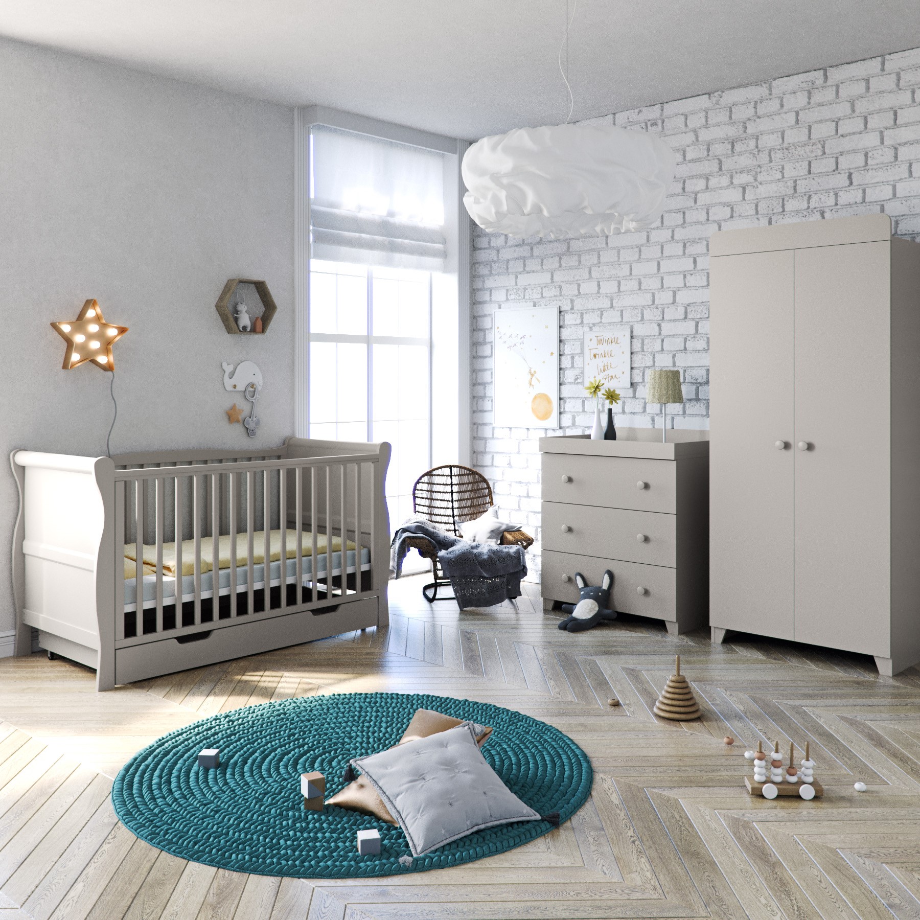 Puggle Woodford Sleigh Cot 6 Piece Nursery Furniture With Maxi Air Cool Mattress  - Light Grey