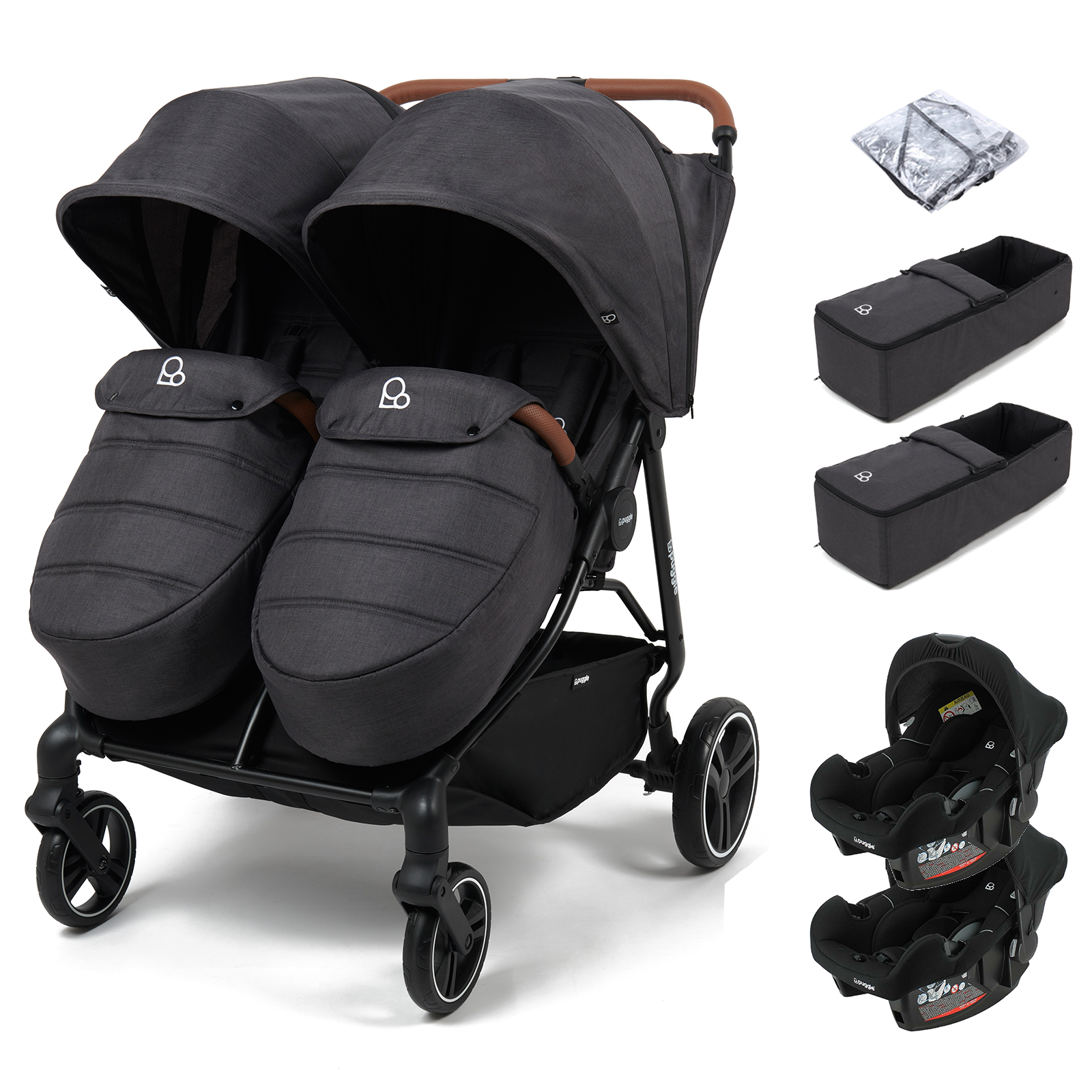 Puggle Urban City Easyfold Twin (Alston Car Seat) Travel System Bundle with +2 Soft Carrycot - Slate Grey