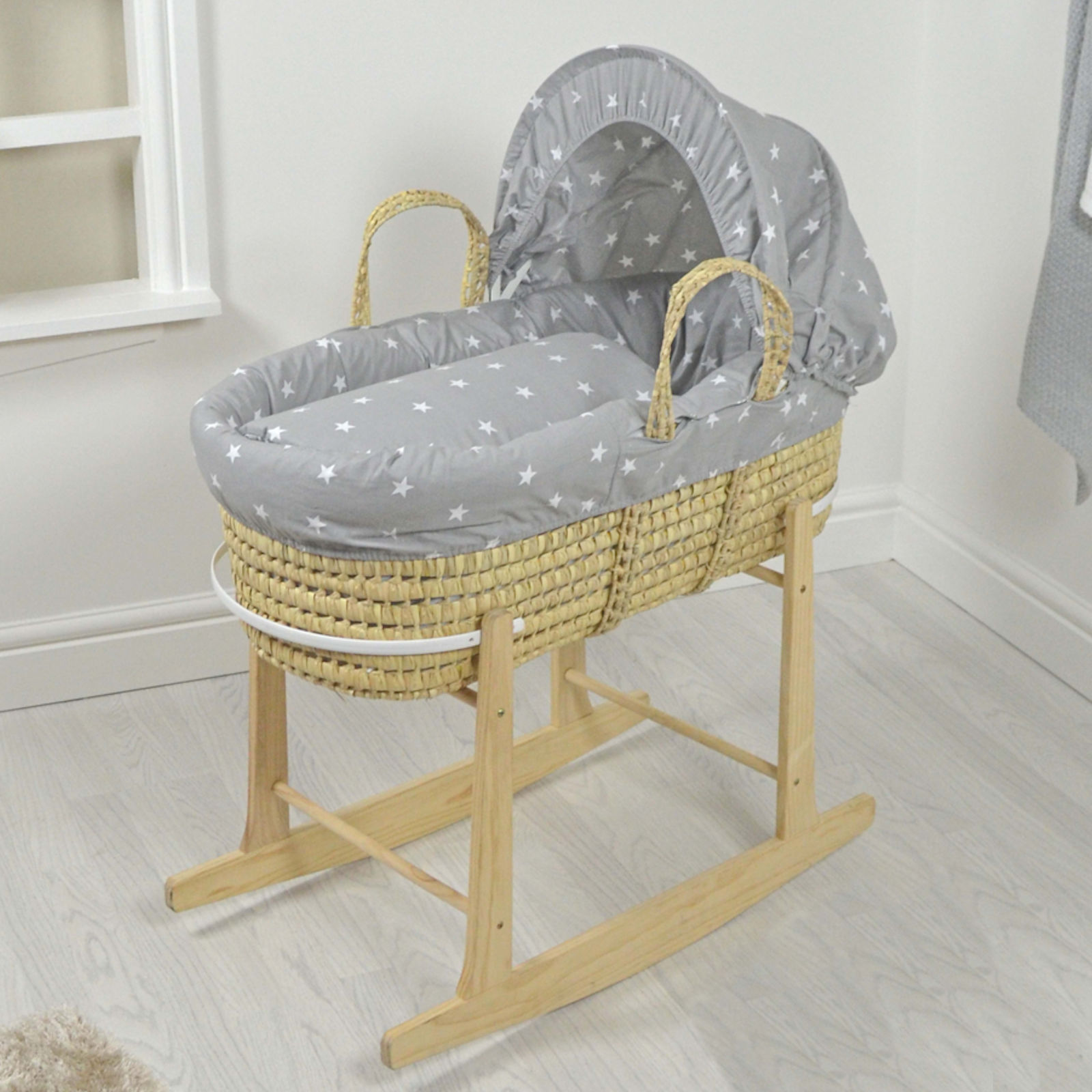 4baby Deluxe Palm Moses Basket & Rocking Stand - Grey / White Stars