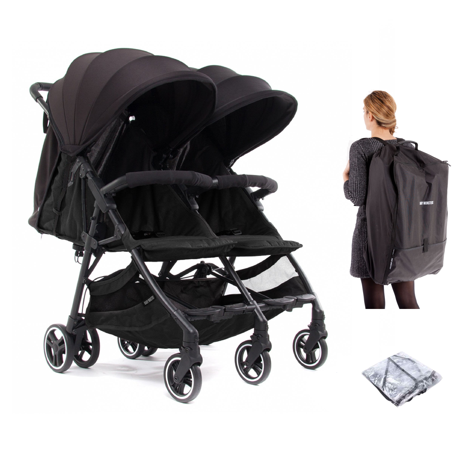 Baby Monsters Kuki Lightweight (9.8kg) Twin Double Pushchair & Raincover with Transport Bag - Black