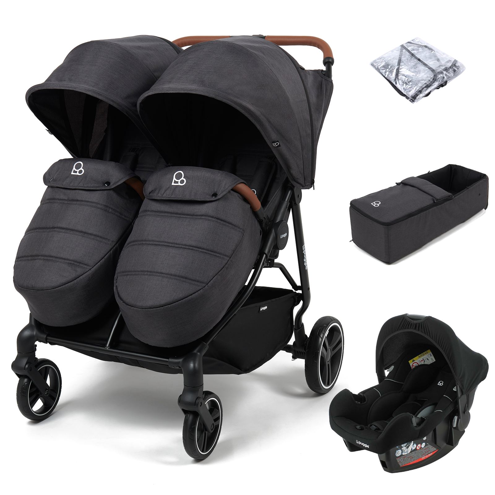 Puggle Urban City Easyfold Twin (Alston Car Seat) Travel System Bundle with +1 Soft Carrycot - Slate Grey
