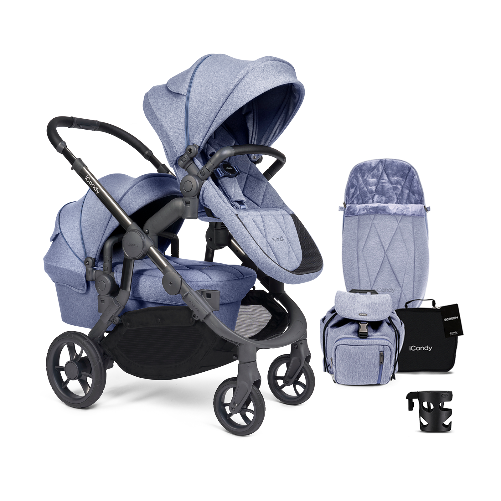 iCandy Orange 3 Double Pushchair & Carrycot Complete 19 Piece Bundle - Mist Blue Marl Phantom