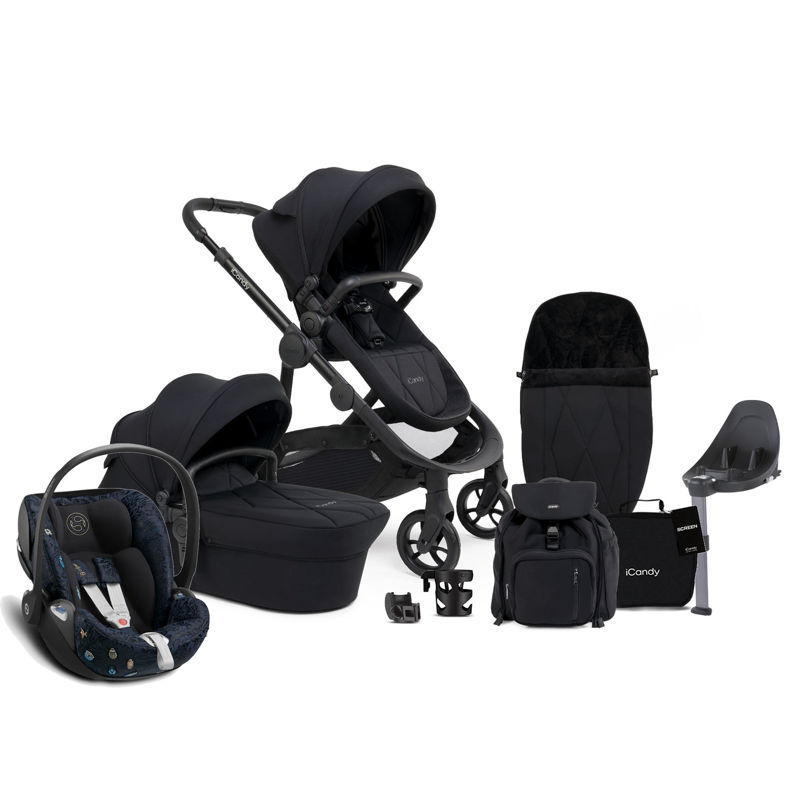 iCandy Orange 3 Complete 14 Piece Travel System Bundle with Cloud Z Car Seat & ISOFIX Base - Black Edition