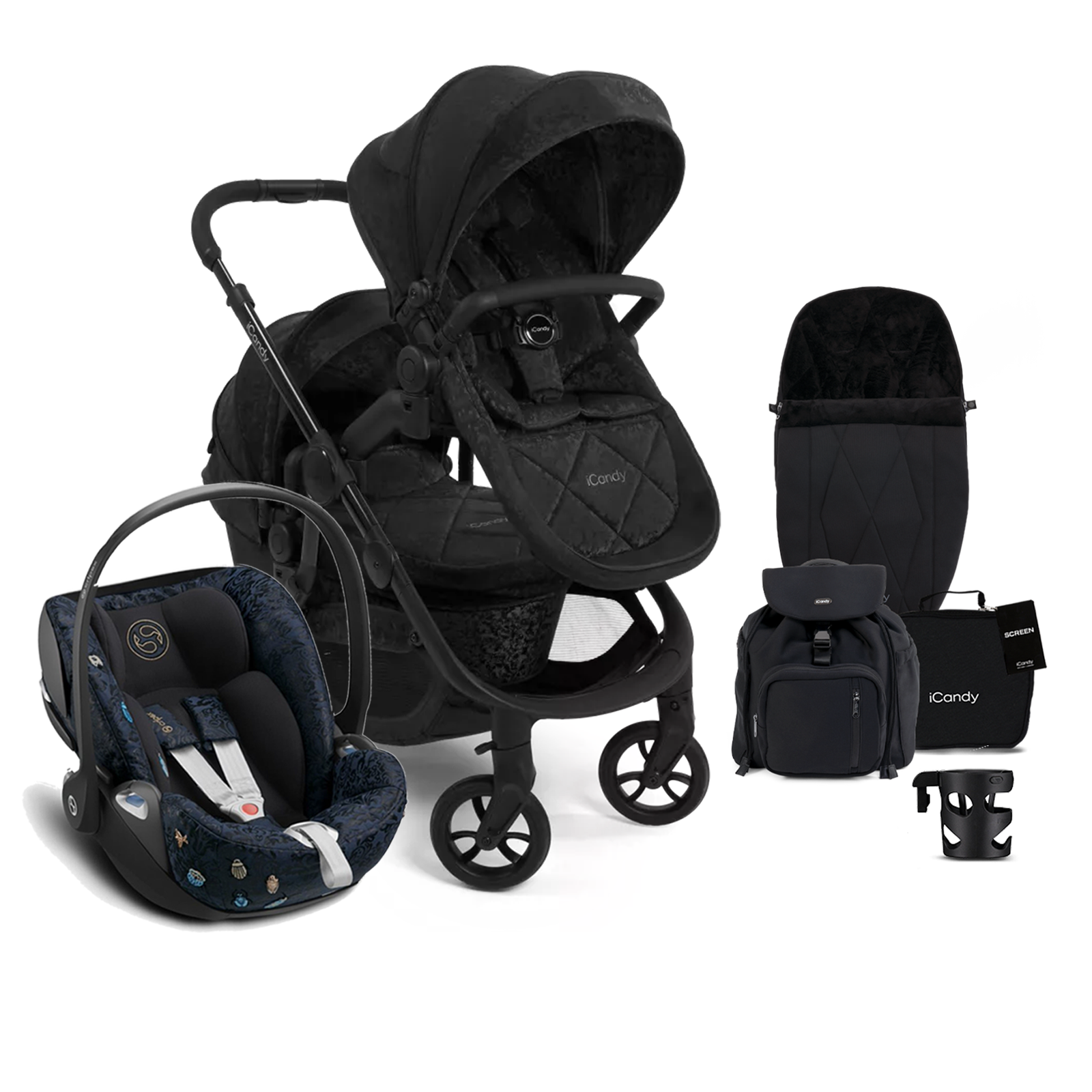 iCandy Orange 3 Double with Cloud Z Car Seat Complete 20 Piece Travel System Summer Bundle - Black Crush