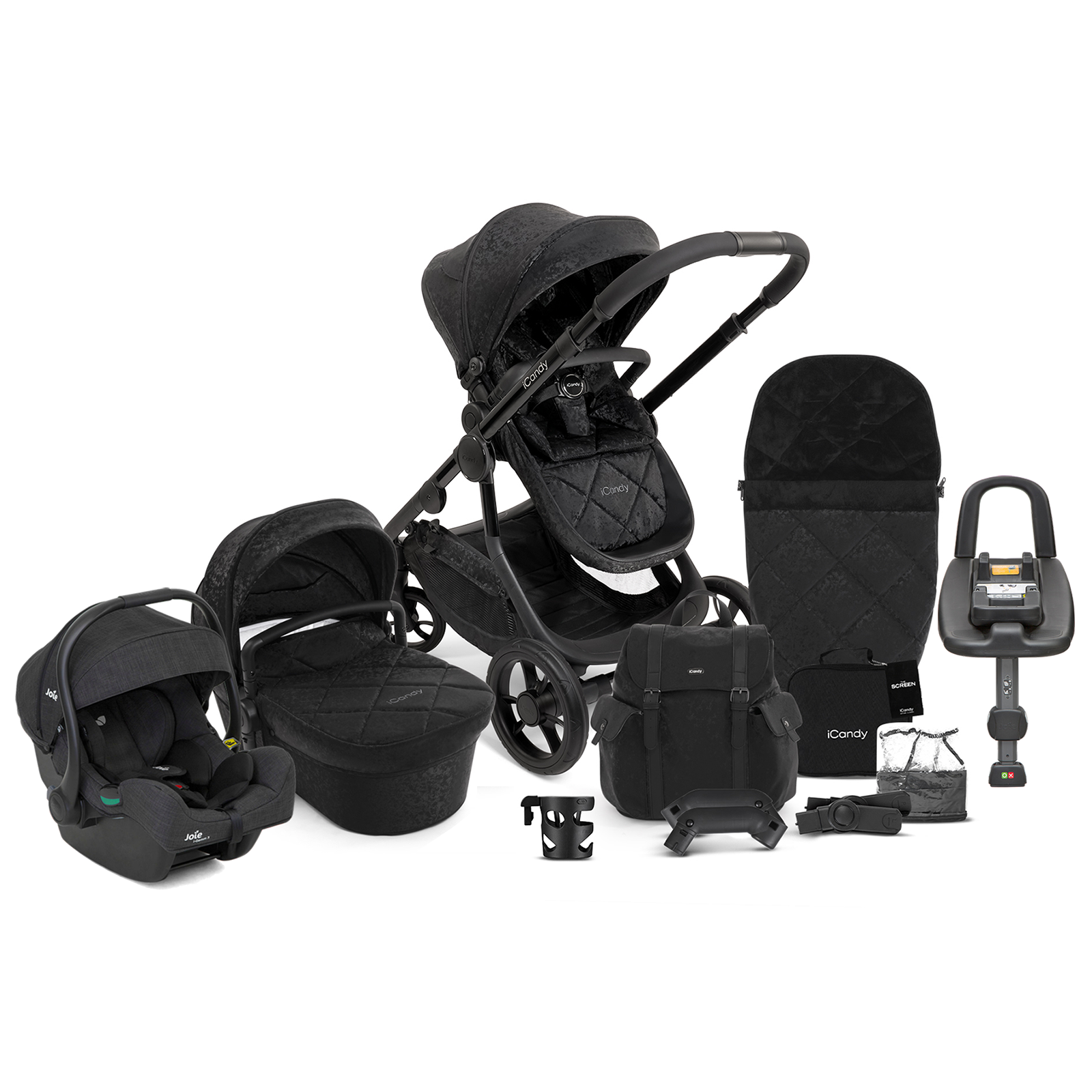 iCandy Orange 3 Complete 14 Piece Travel System Summer Bundle with i-Gemm 3 Car Seat & ISOFIX Base - Designer Black