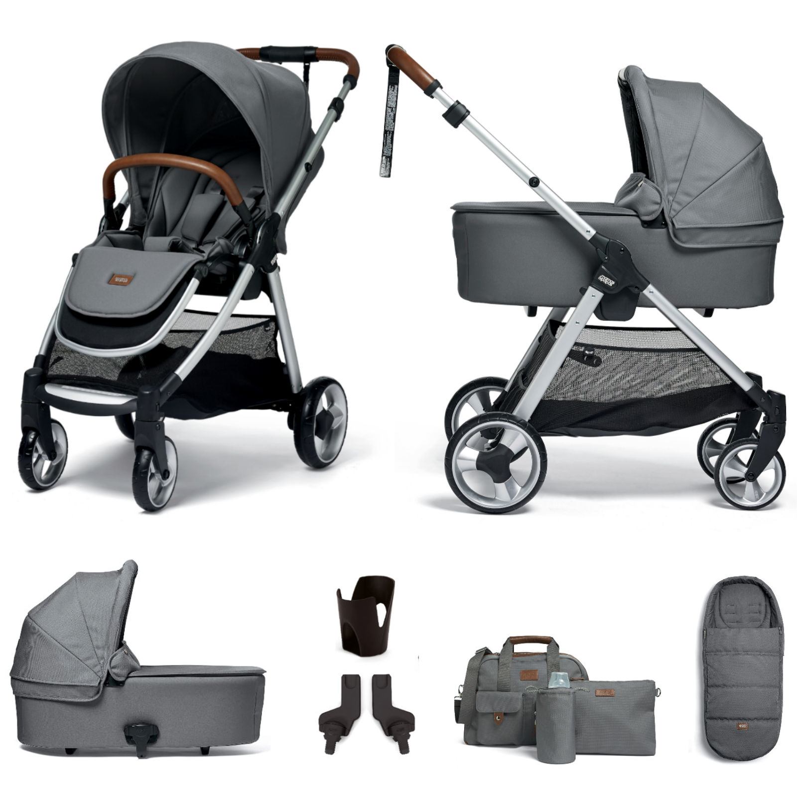 Mamas & Papas Flip XT2 (6pc) 2in1 Pushchair Stroller with Carrycot - Fossil Grey
