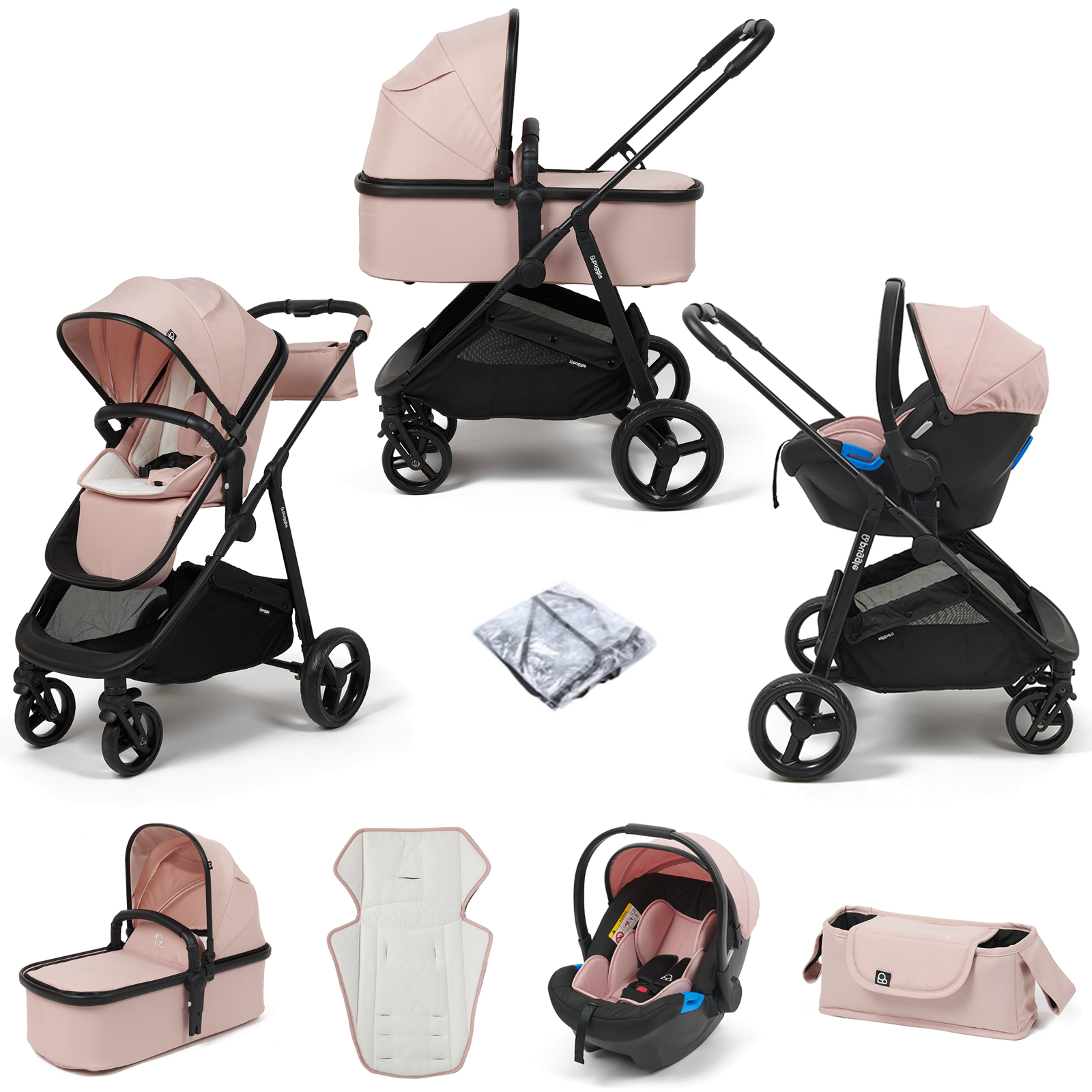 Puggle Monaco XT 3in1 Travel System with Organiser - Blush Pink