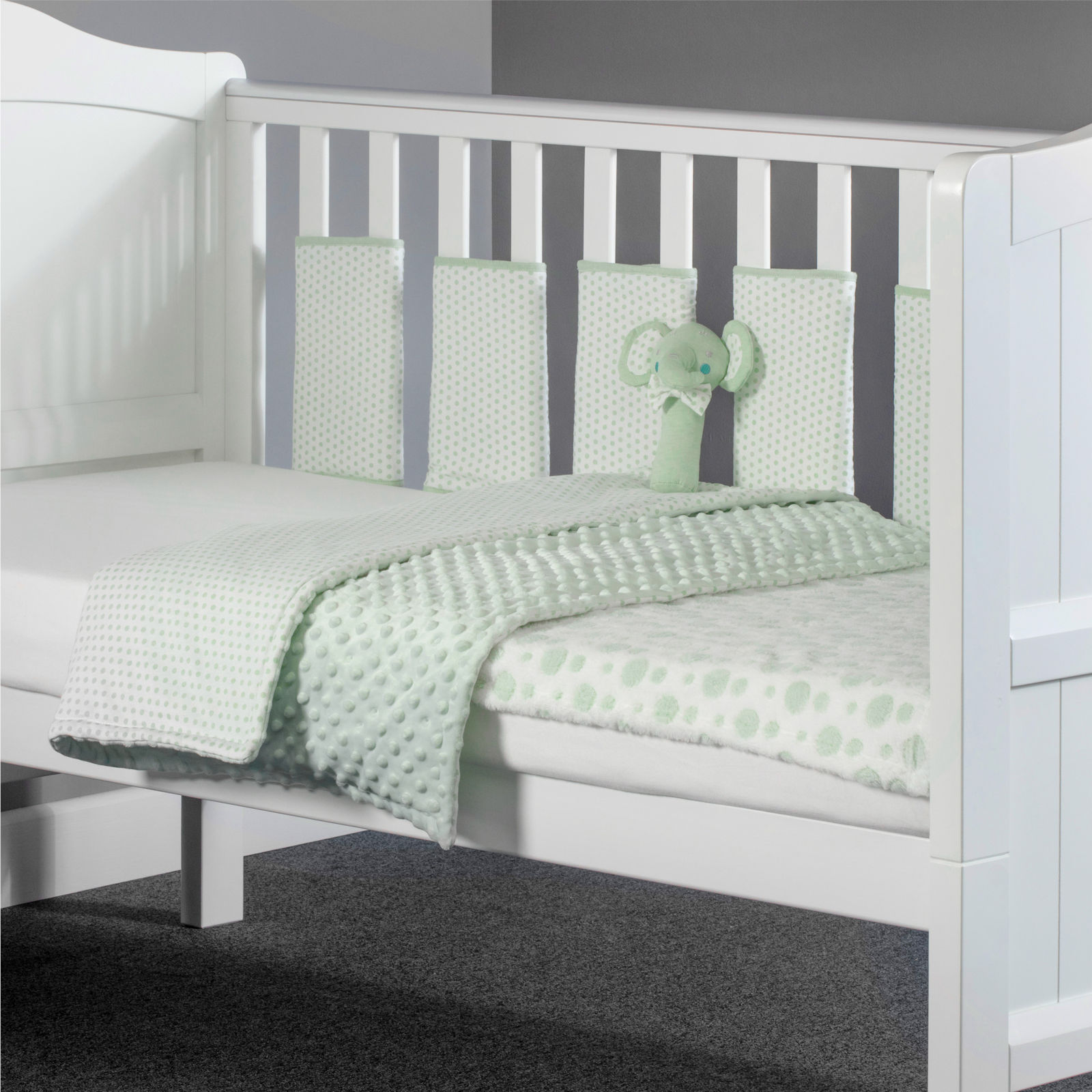 Miniuno Little Ellie Elephant 5 Piece Cot / Cot Bed Quilt, Bumper, Blanket Bedding Set - Sage Spots