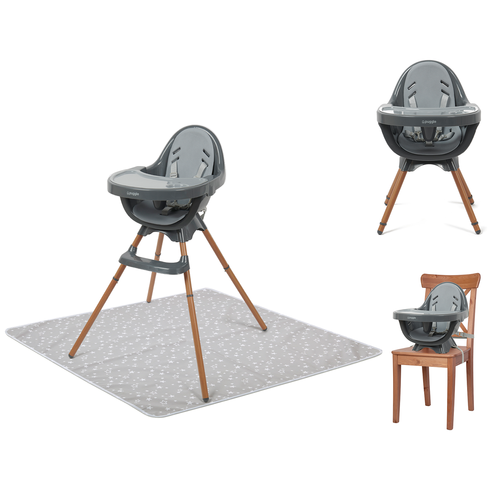 Puggle Munch Crunch 3 in 1 High/Low Chair & Booster Seat & Splash Mat - Graphite Grey