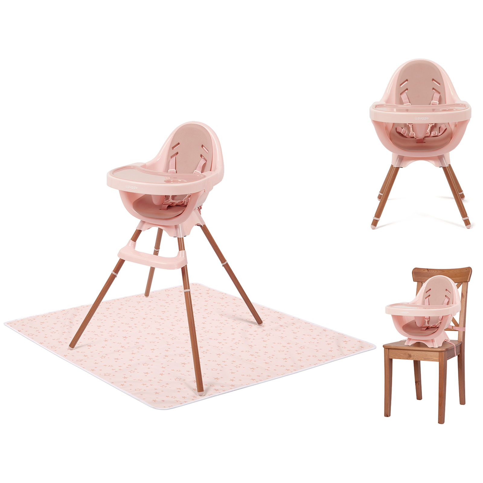 Puggle Munch Crunch 3in1 High/Low Chair & Booster Seat Special Edition with Splash Mat - Blush Pink