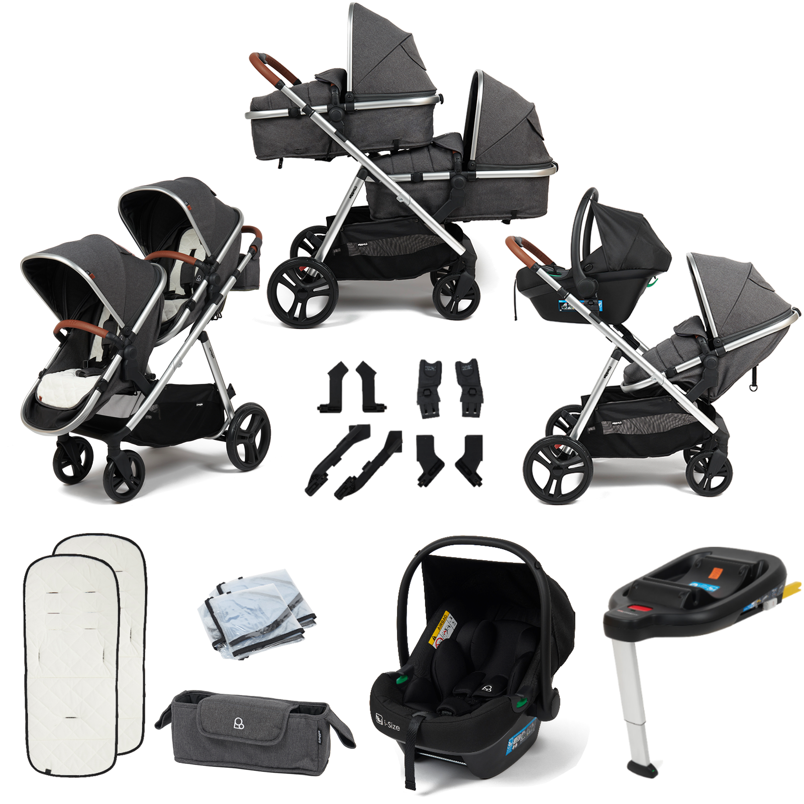Puggle Memphis 2-in-1 Duo i-Size Double Twin Travel System with ISOFIX Base – Platinum Grey (Chrome Frame)