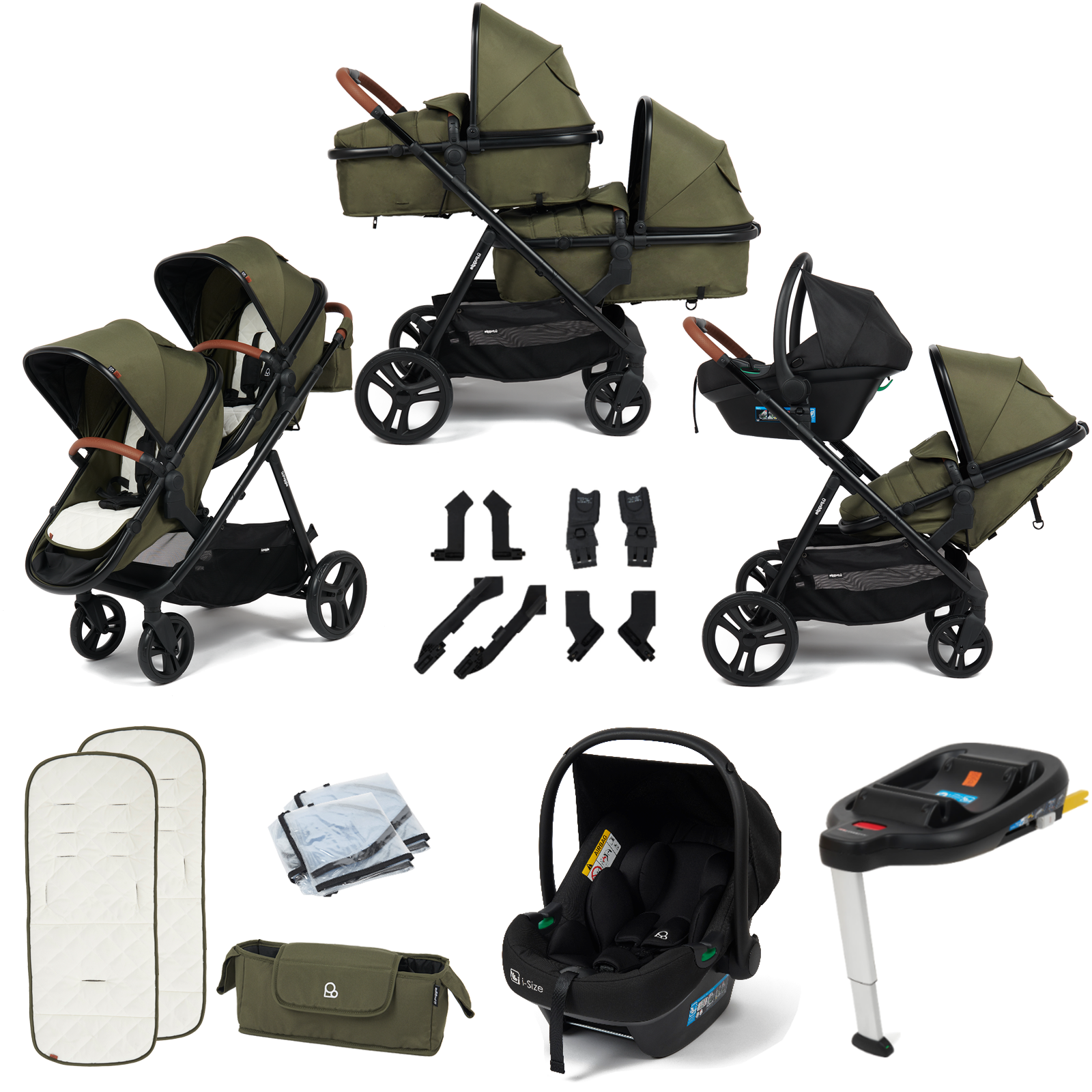Puggle Memphis 2-in-1 Duo i-Size Double Twin Travel System with ISOFIX Base – Forest Green