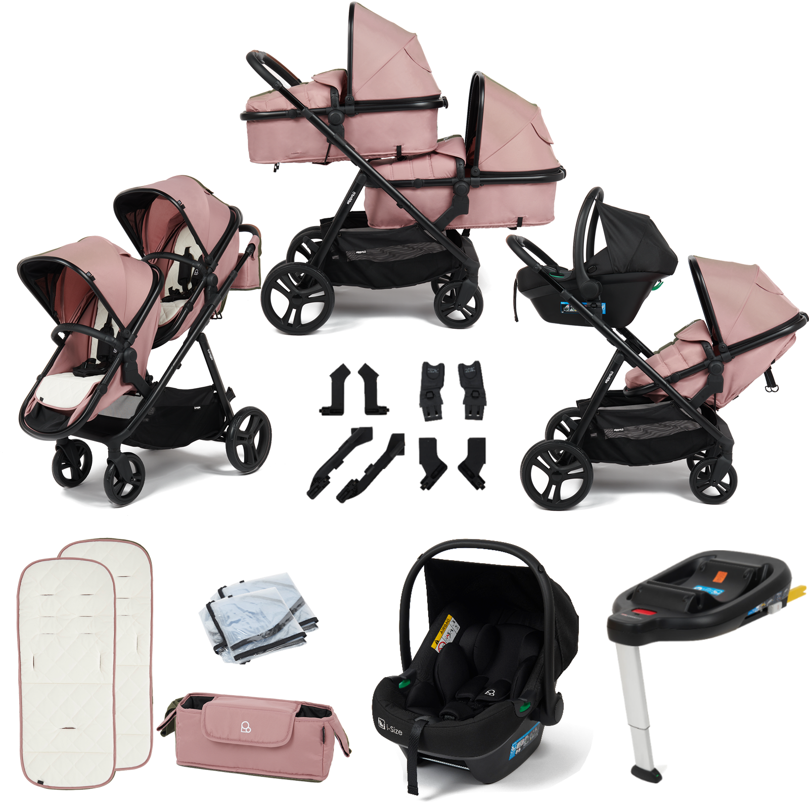 Puggle Memphis 2-in-1 Duo i-Size Double Twin Travel System with ISOFIX Base - Dusk Pink
