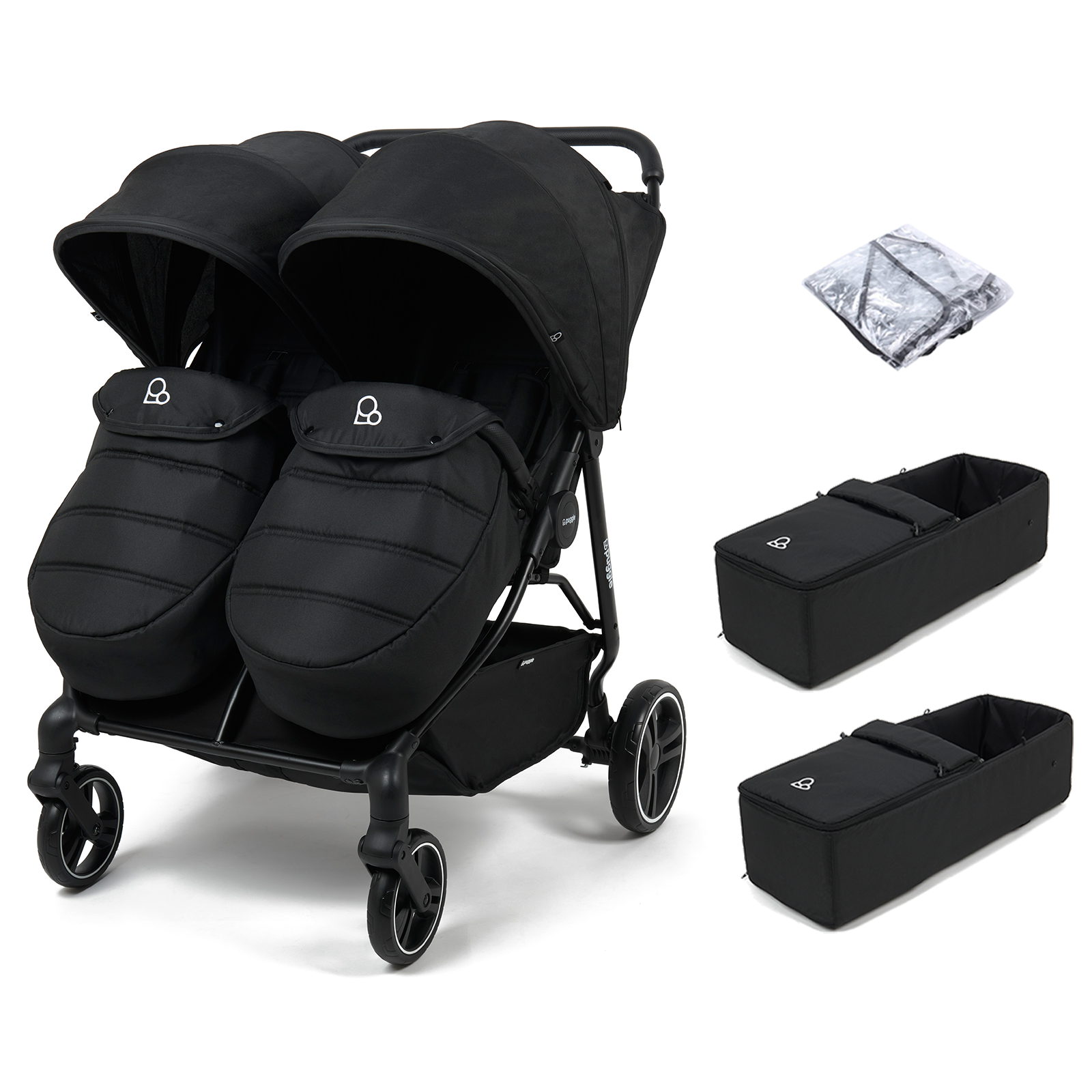 Puggle Urban City Easyfold Twin Double Pushchair with Footmuff & + 2 Soft Carrycot - Storm Black