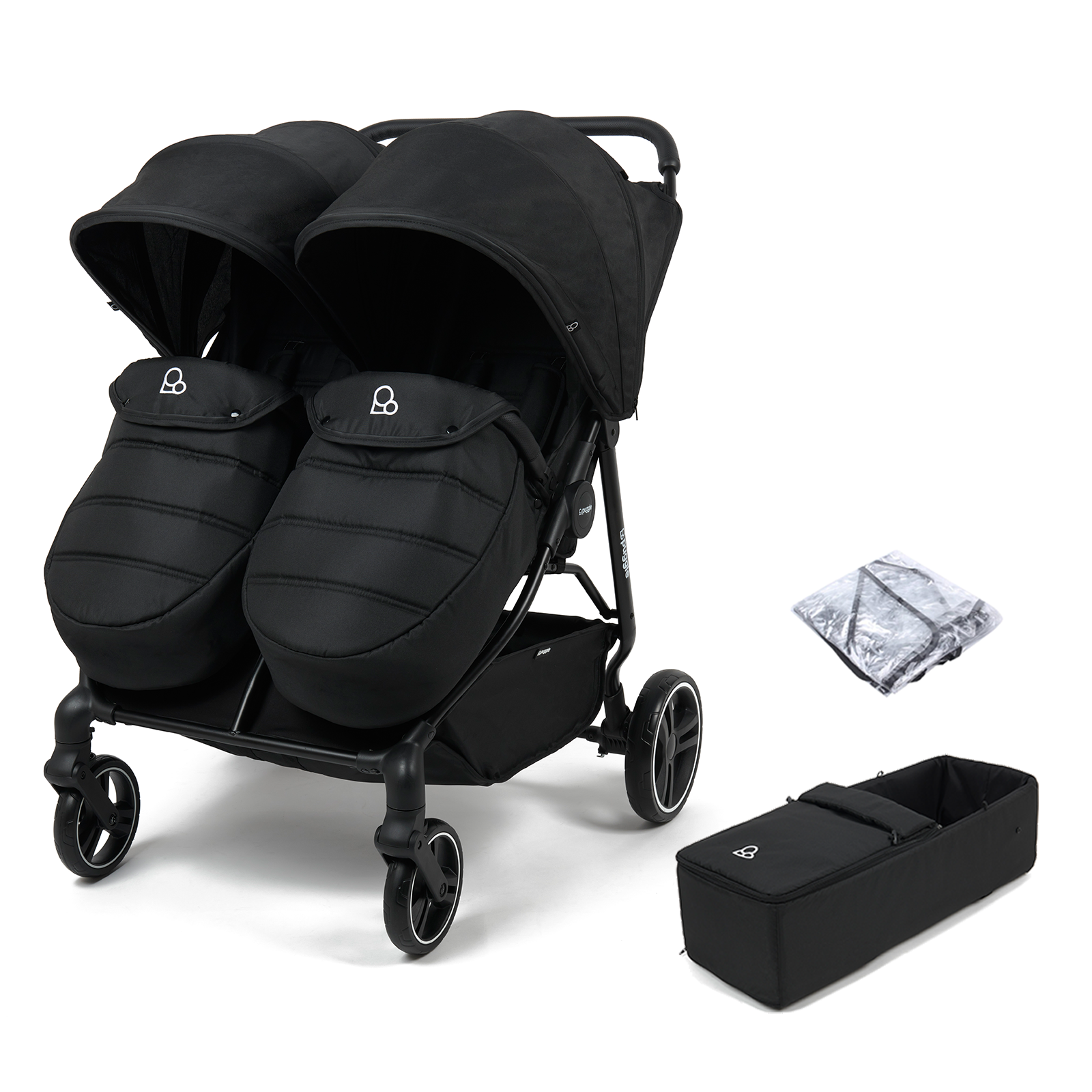 Puggle Urban City Easyfold Twin Double Pushchair with Footmuff & Soft Carrycot - Storm Black