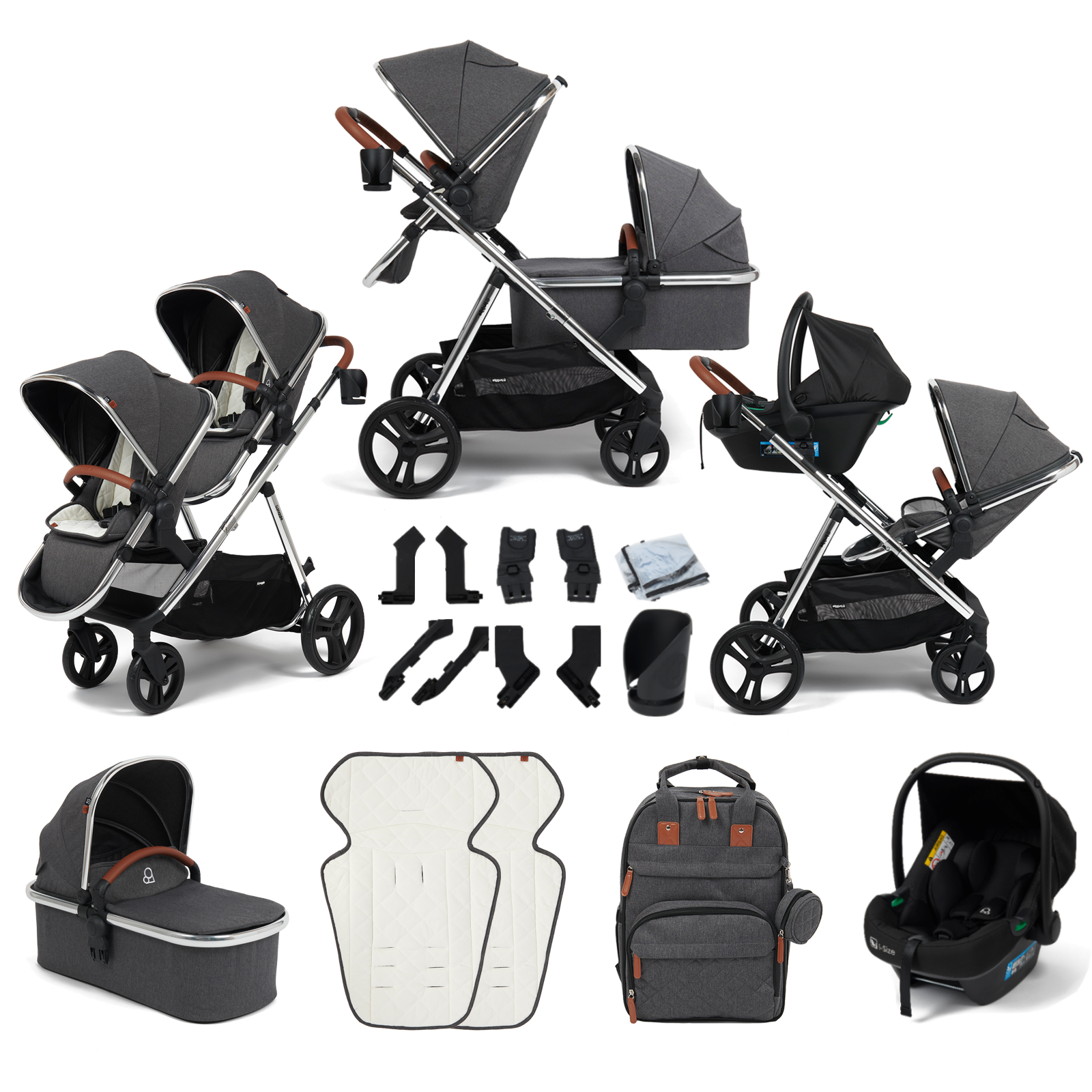 Puggle Memphis 3-in-1 Duo i-Size Double Travel System - Platinum Grey (Chrome Frame)