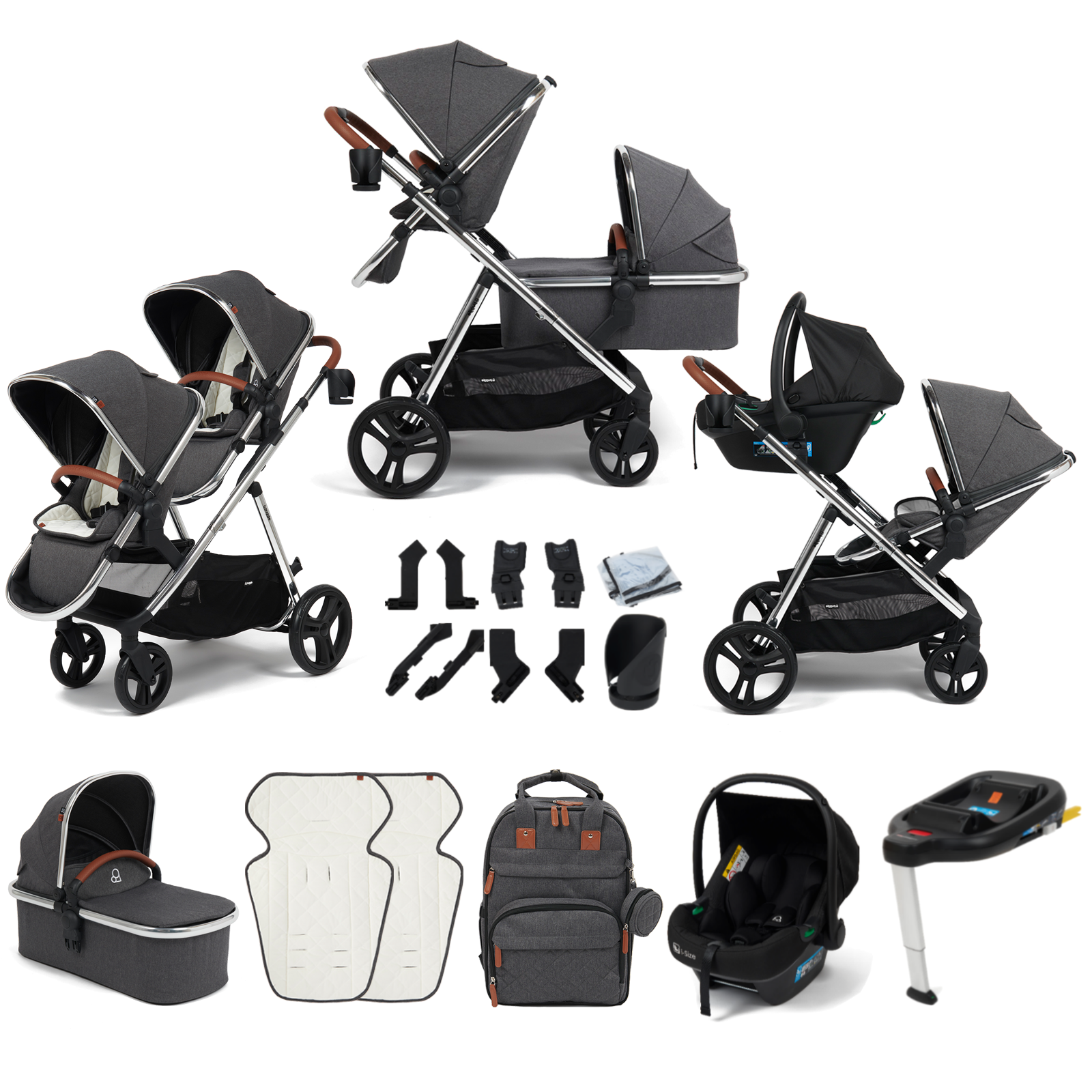 Puggle Memphis 3-in-1 Duo i-Size Double Travel System With ISOFIX Base - Platinum Grey