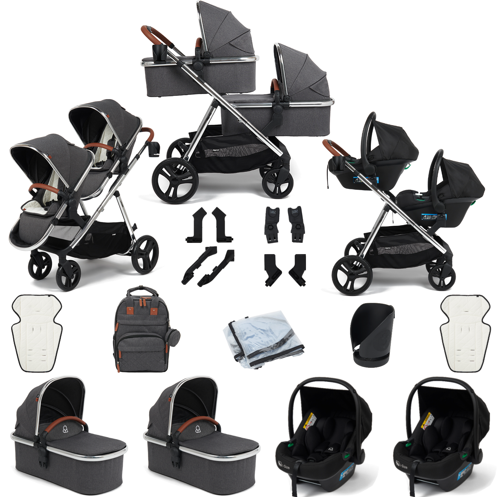 Puggle Memphis 3-in-1 Duo i-Size Double Twin Travel System - Platinum Grey