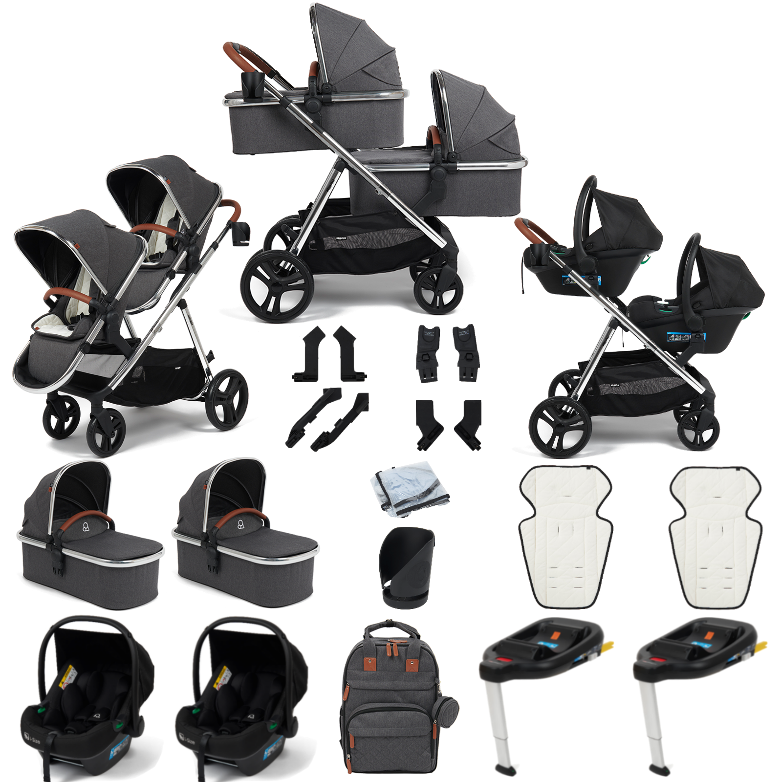 Puggle Memphis 3-in-1 Duo i-Size Double Twin Travel System With ISOFIX Base - Platinum Grey
