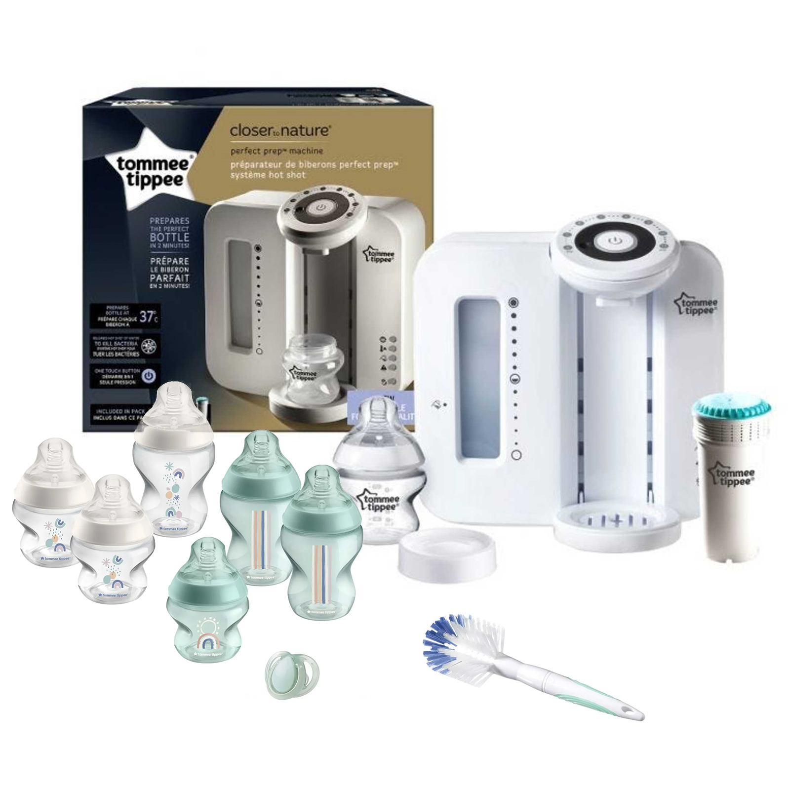 Tommee Tippee 10pc Perfect Prep Machine Baby Bottle Feeding Bundle - White / Green