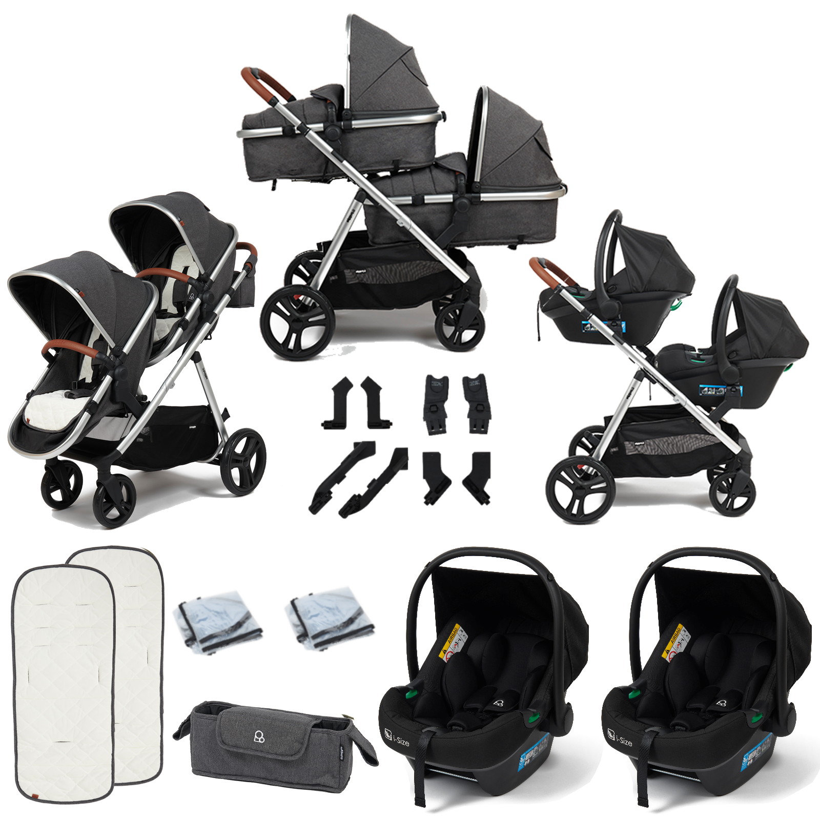 Puggle Memphis 2-in-1 Duo i-Size Double Twin Travel System – Platinum Grey
