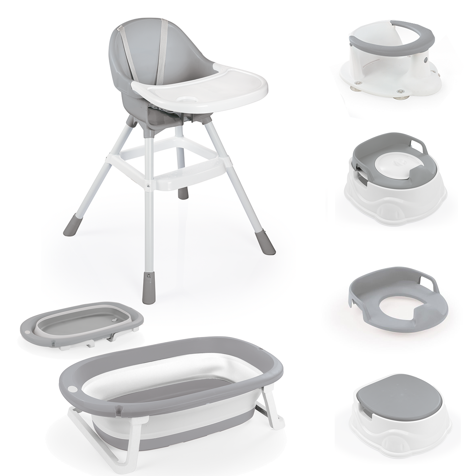 6-in-1 Baby Highchair, Bath, Bath Seat & Potty All You Need Newborn Bundle - Grey