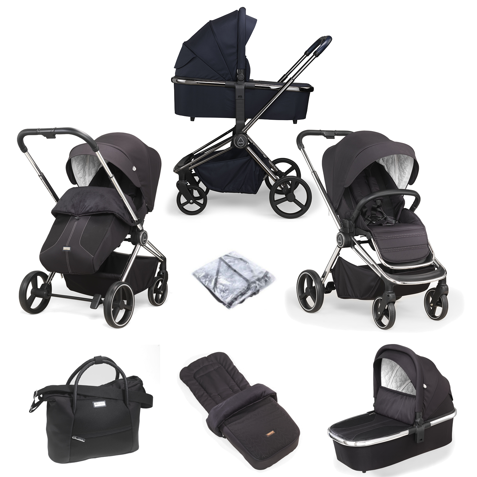 Mee-go Pure Pushchair with Carrycot & Accessories - Black