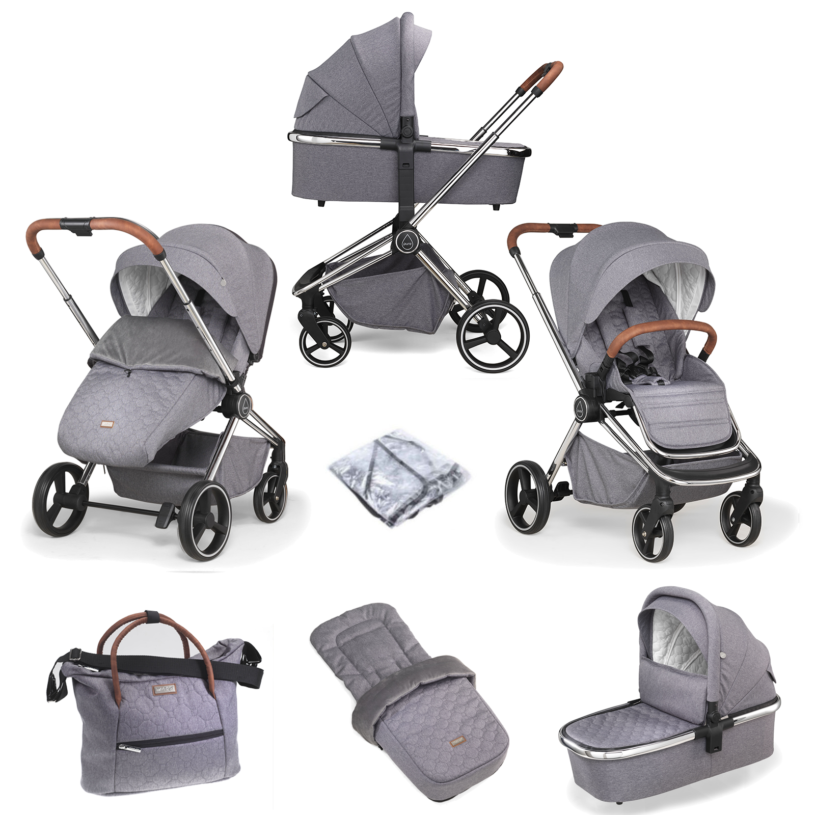 Mee-go Pure Pushchair with Carrycot & Accessories - Pearl Grey