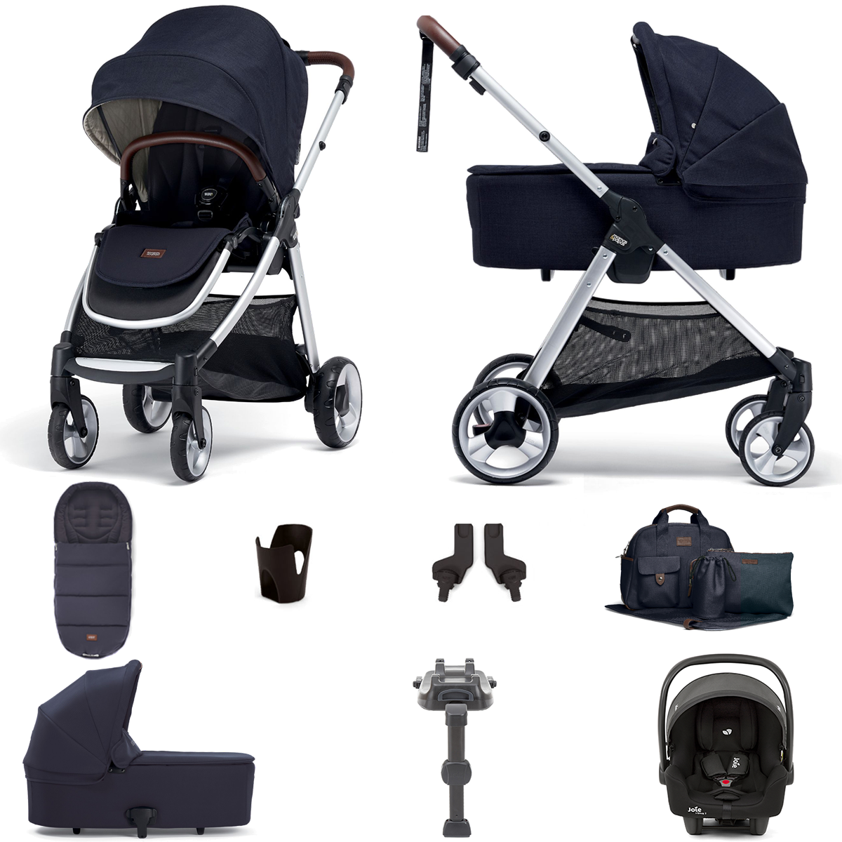 Mamas & Papas Flip XT2 8pc Essentials (i-Size 2 Car Seat) Travel System with Carrycot & ISOFIX Base - Navy