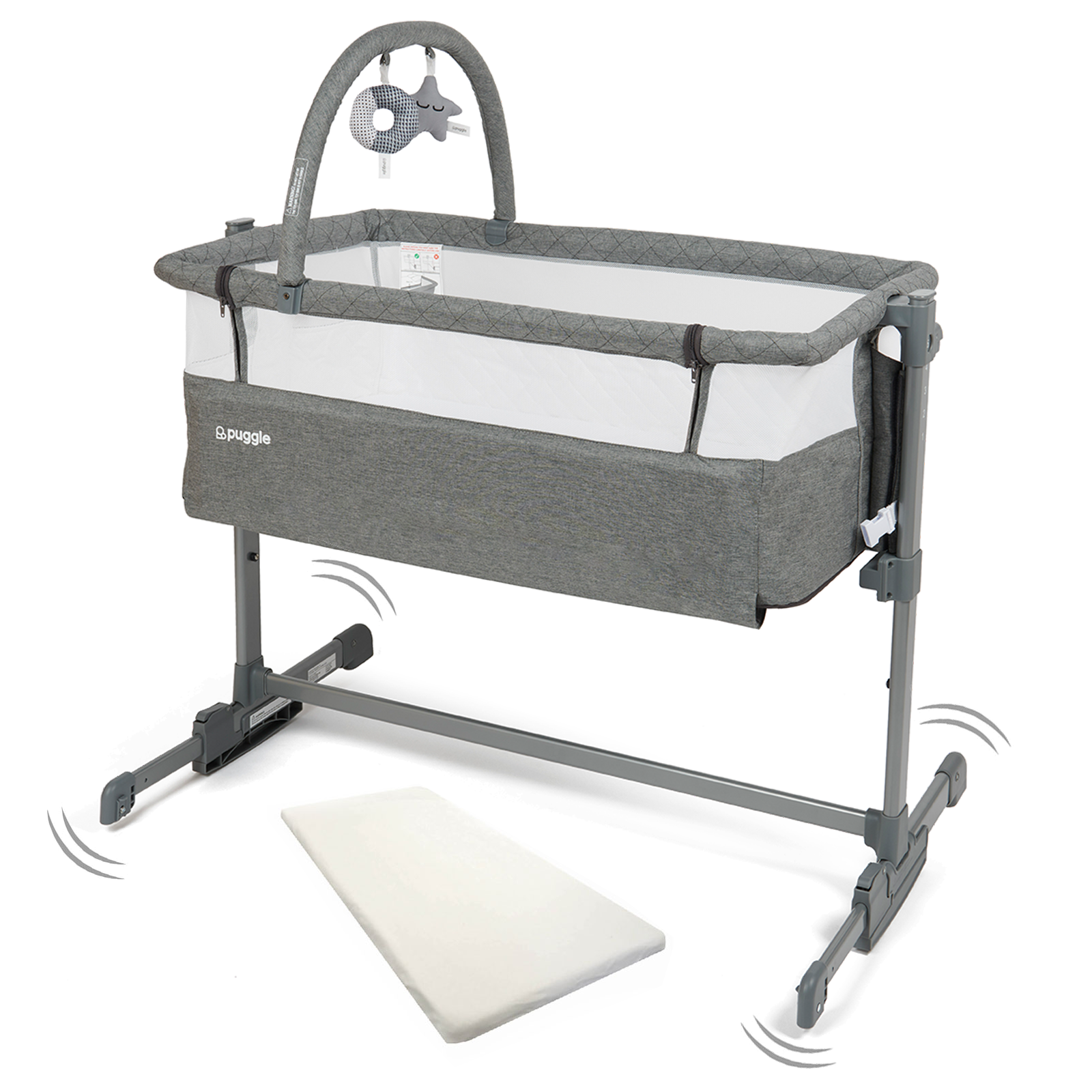Puggle Sleepy Rocking Bedside Crib with Toy Bar & Fitted Sheet – Graphite Grey