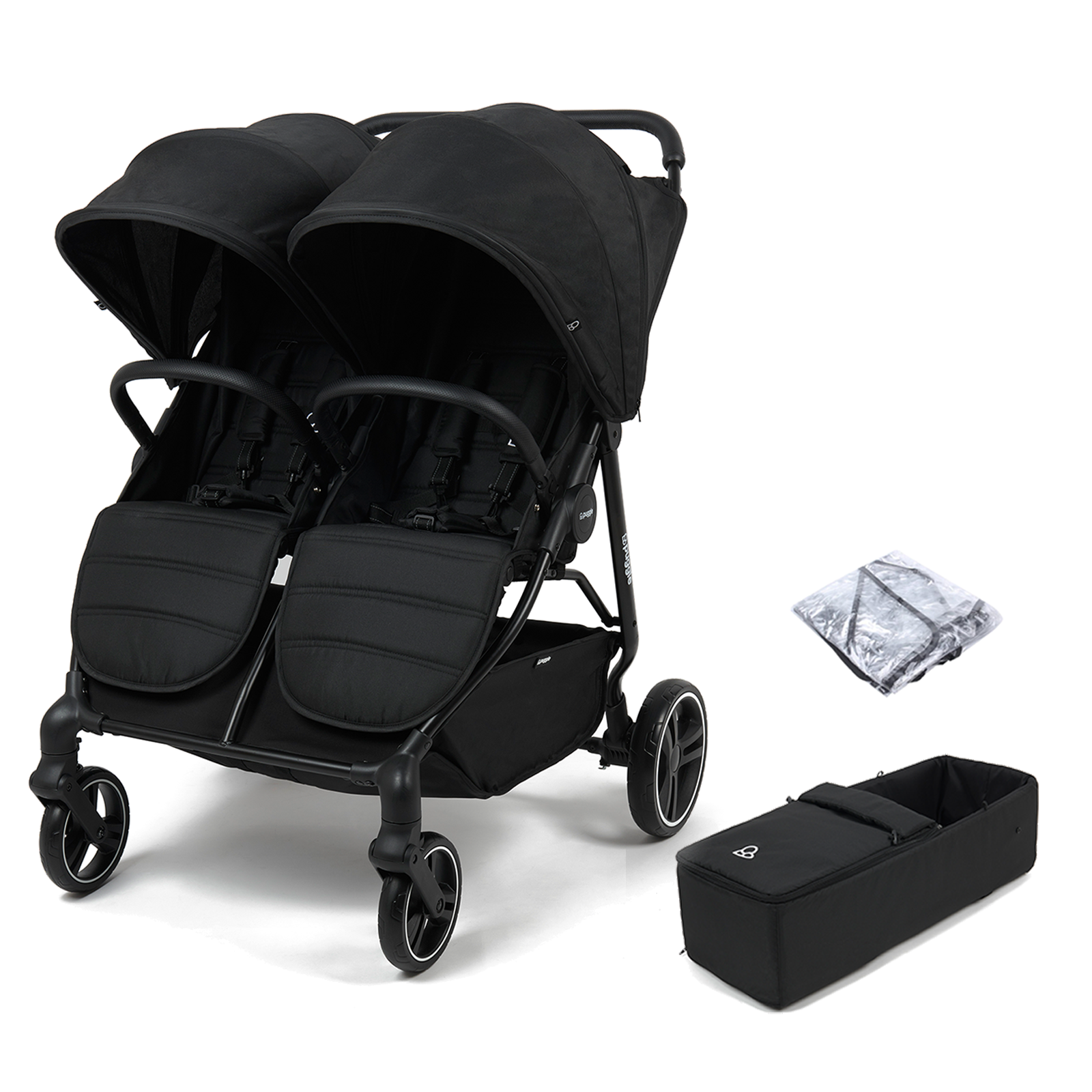 Puggle Urban City Easyfold Twin Double Pushchair + 1 Soft Carrycot - Storm Black