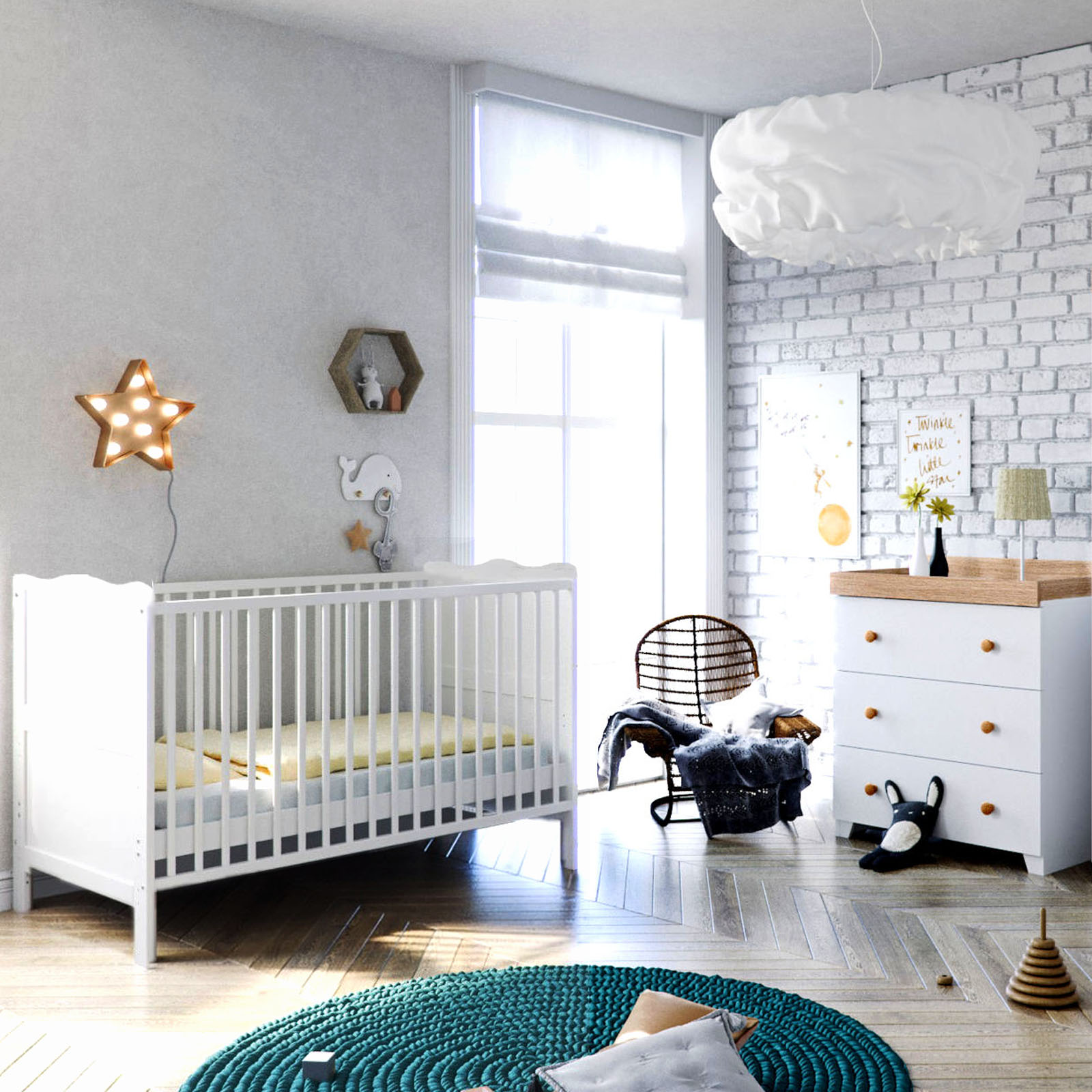 Puggle Henbury Cot Bed 4 Piece Nursery Furniture Set With Eco Fibre Mattress - White & Oak
