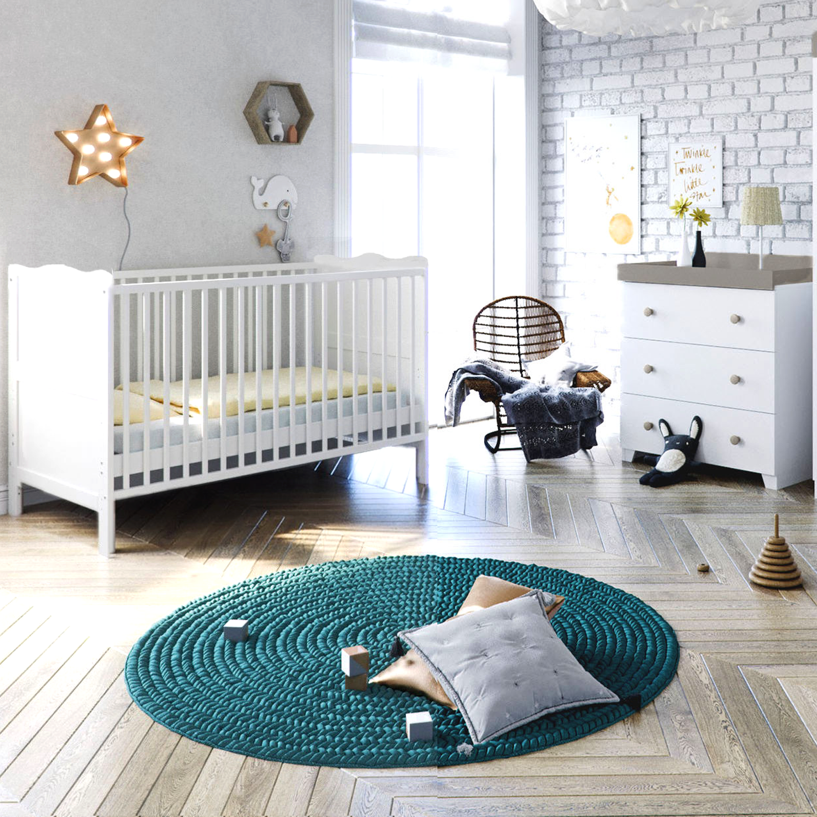 Puggle Henbury Cot Bed 4 Piece Nursery Furniture Set With Eco Fibre Mattress - White & Grey