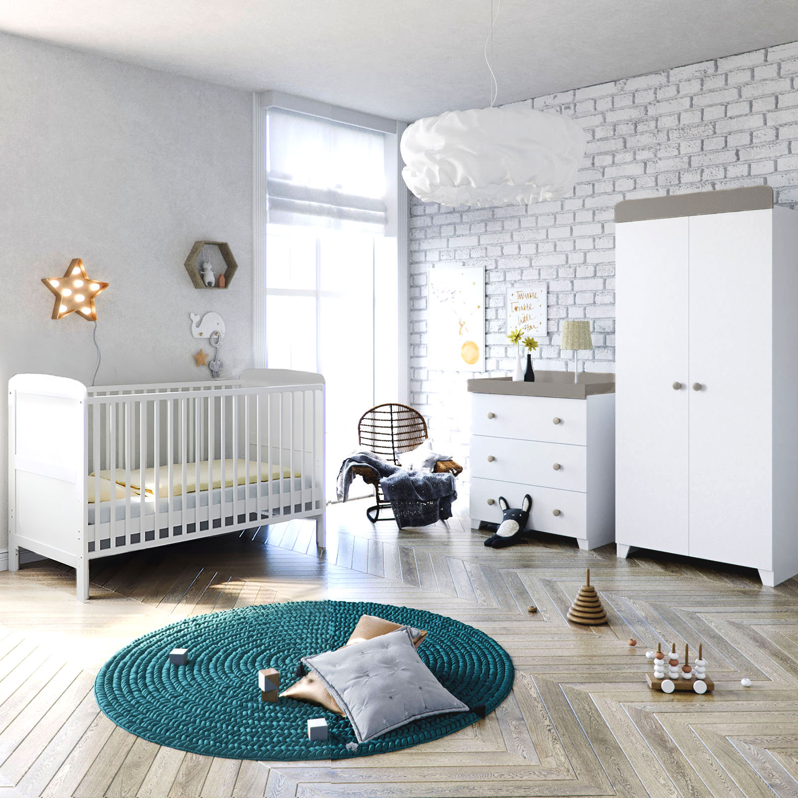 Puggle Henbury Cot Bed 5 Piece Nursery Furniture Set With Eco Fibre Mattress - White & Grey