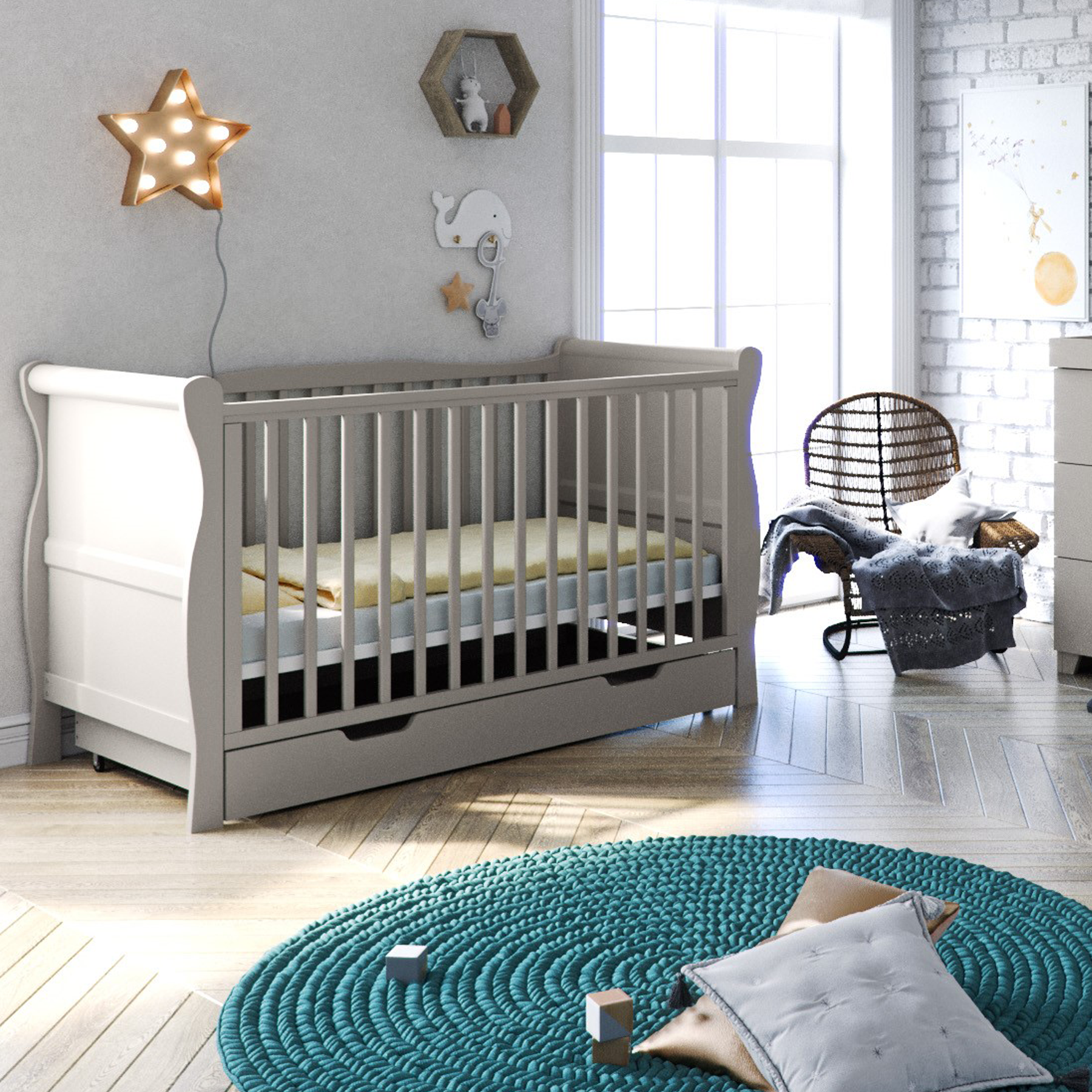 Puggle Woodford Sleigh Cot 3pc Nursery Furniture Set with Drawer & Maxi Air Cool Mattress - Grey