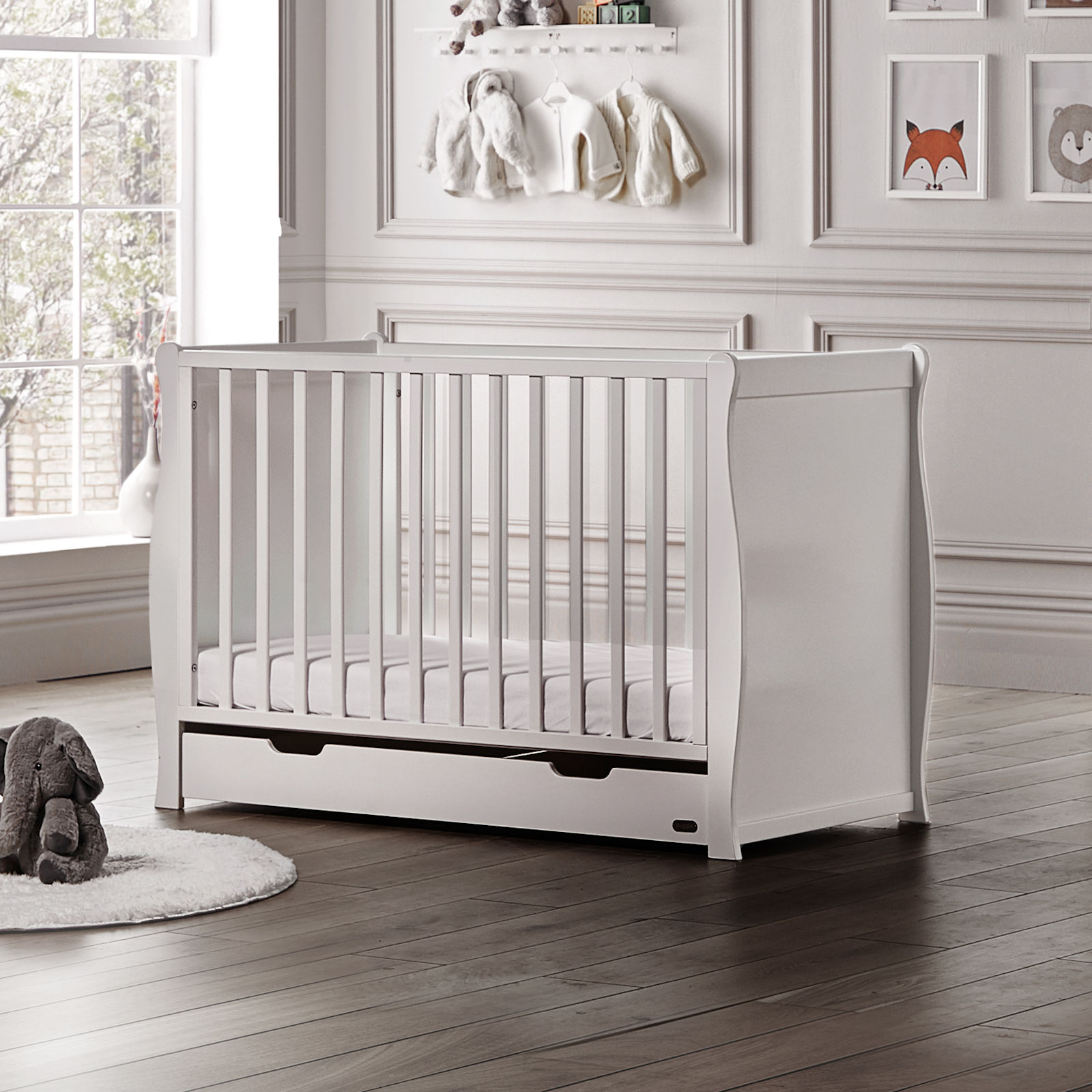 Puggle Sleigh Cot 3pc Nursery Furniture Set with Drawer & Maxi Air Cool Mattress - White