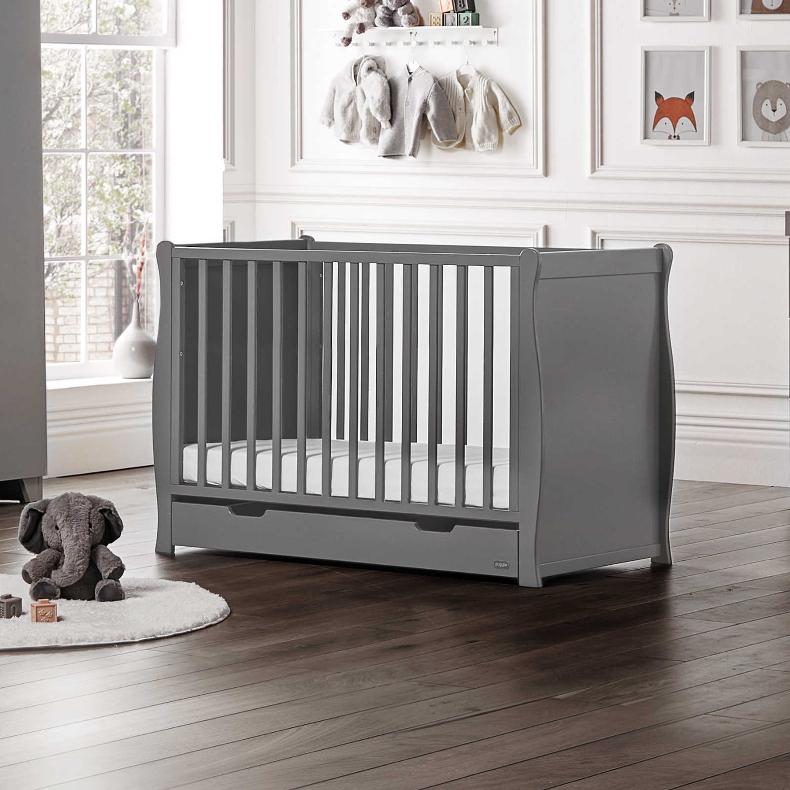 Puggle Chelford Sleigh Cot 3pc Nursery Furniture Set with Drawer & Maxi Air Cool Mattress - Grey