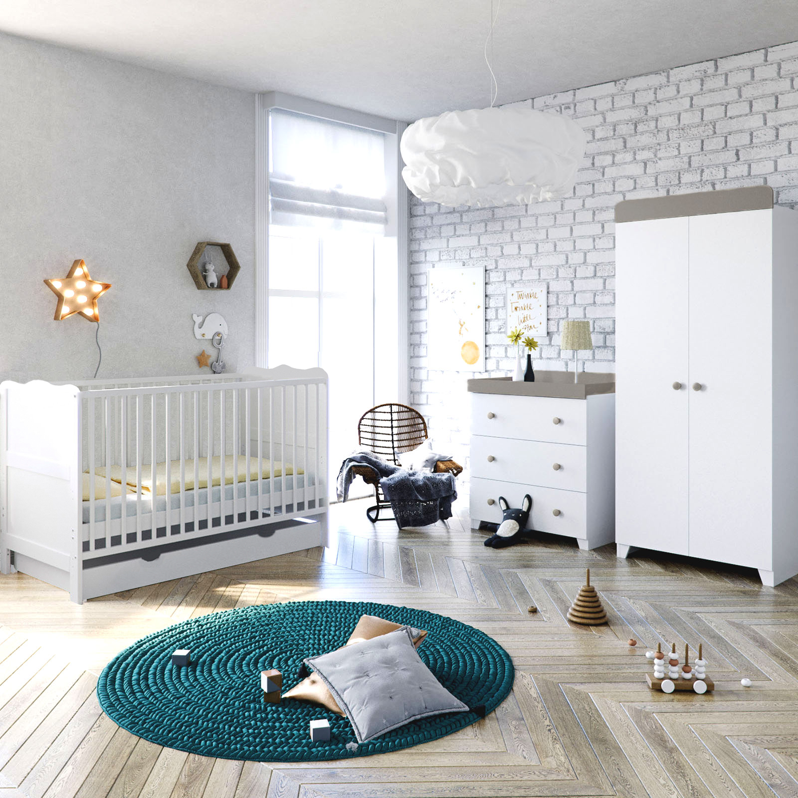 Puggle Henbury Cot Bed 6 Piece Nursery Furniture Set With Eco Fibre Mattress - White