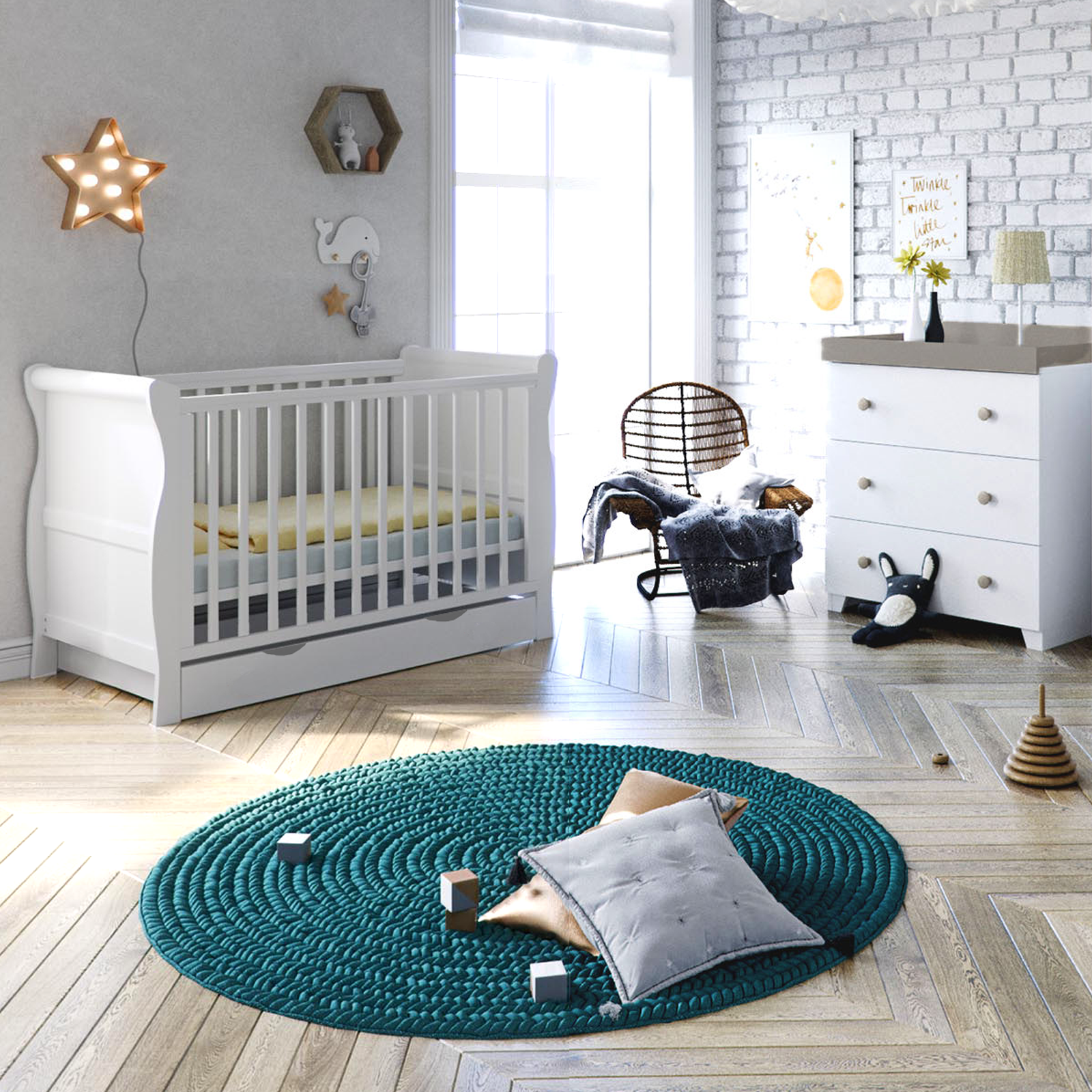 Puggle Alderley Sleigh Cot Bed 5 Piece Nursery Furniture Set With Maxi Air Cool Mattress - White & Grey