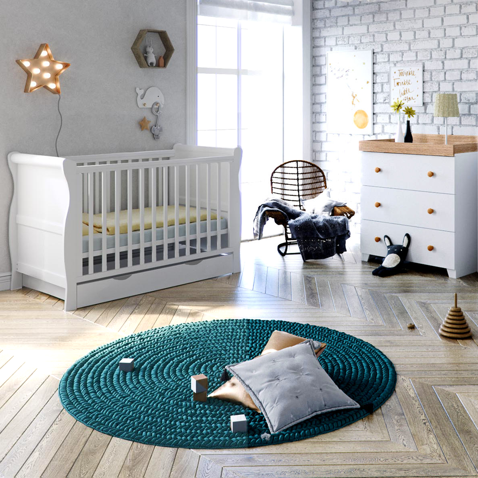 Puggle Alderley Sleigh Cot Bed 5 Piece Nursery Furniture Set With Maxi Air Cool Mattress - White & Oak
