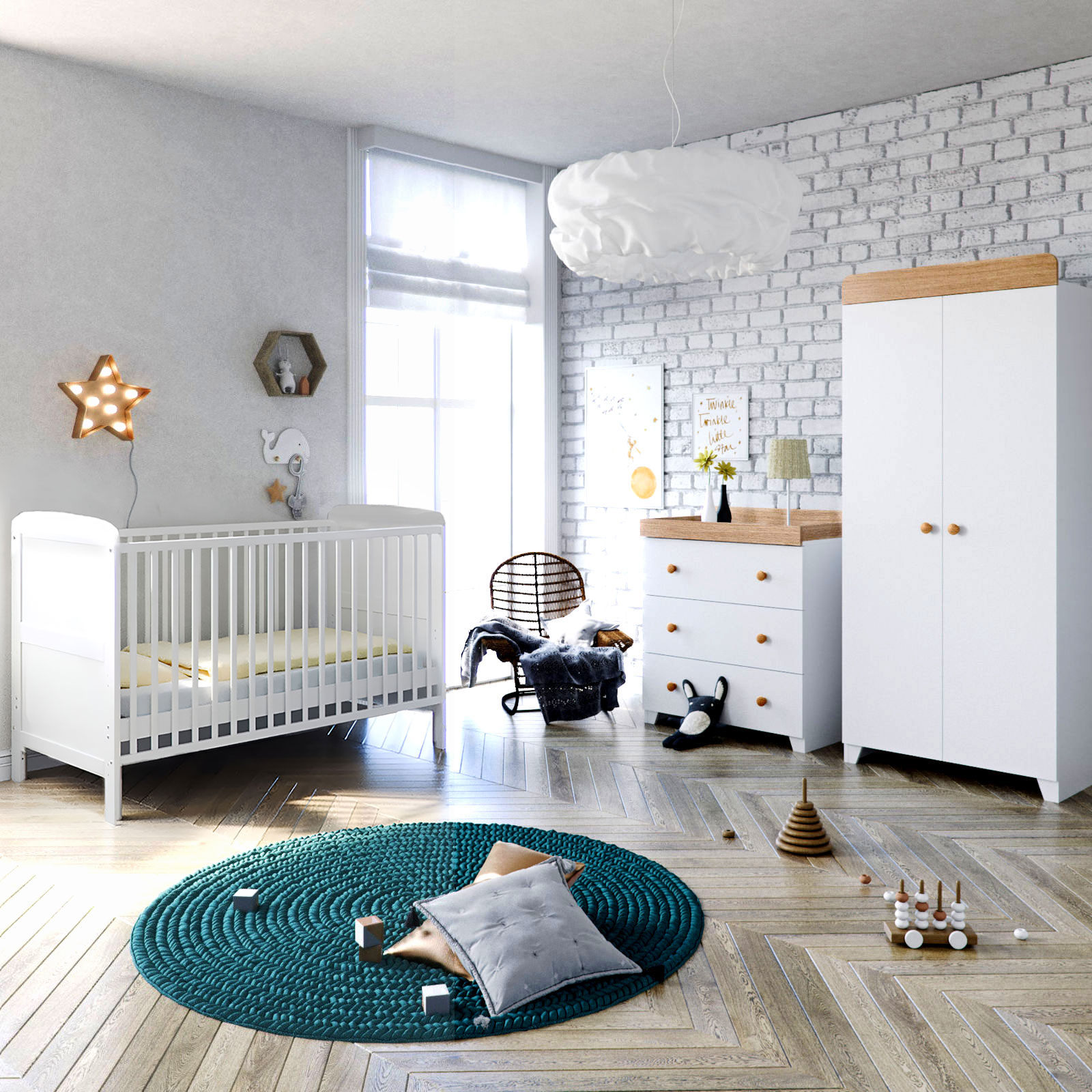 Puggle Henbury Cot Bed 5 Piece Nursery Furniture Set With Maxi Air Cool Mattress - White & Oak