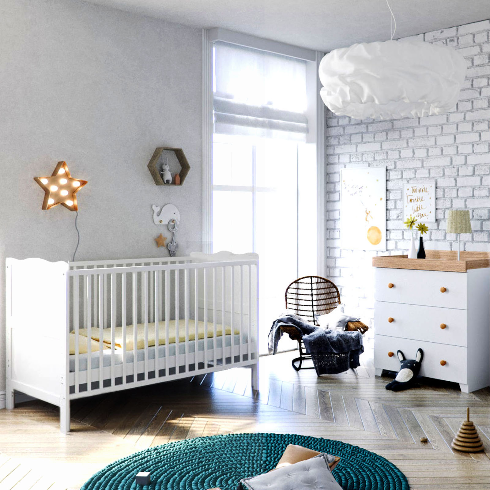 Puggle Henbury Cot Bed 4 Piece Nursery Furniture Set With Maxi Air Cool Mattress - White & Oak