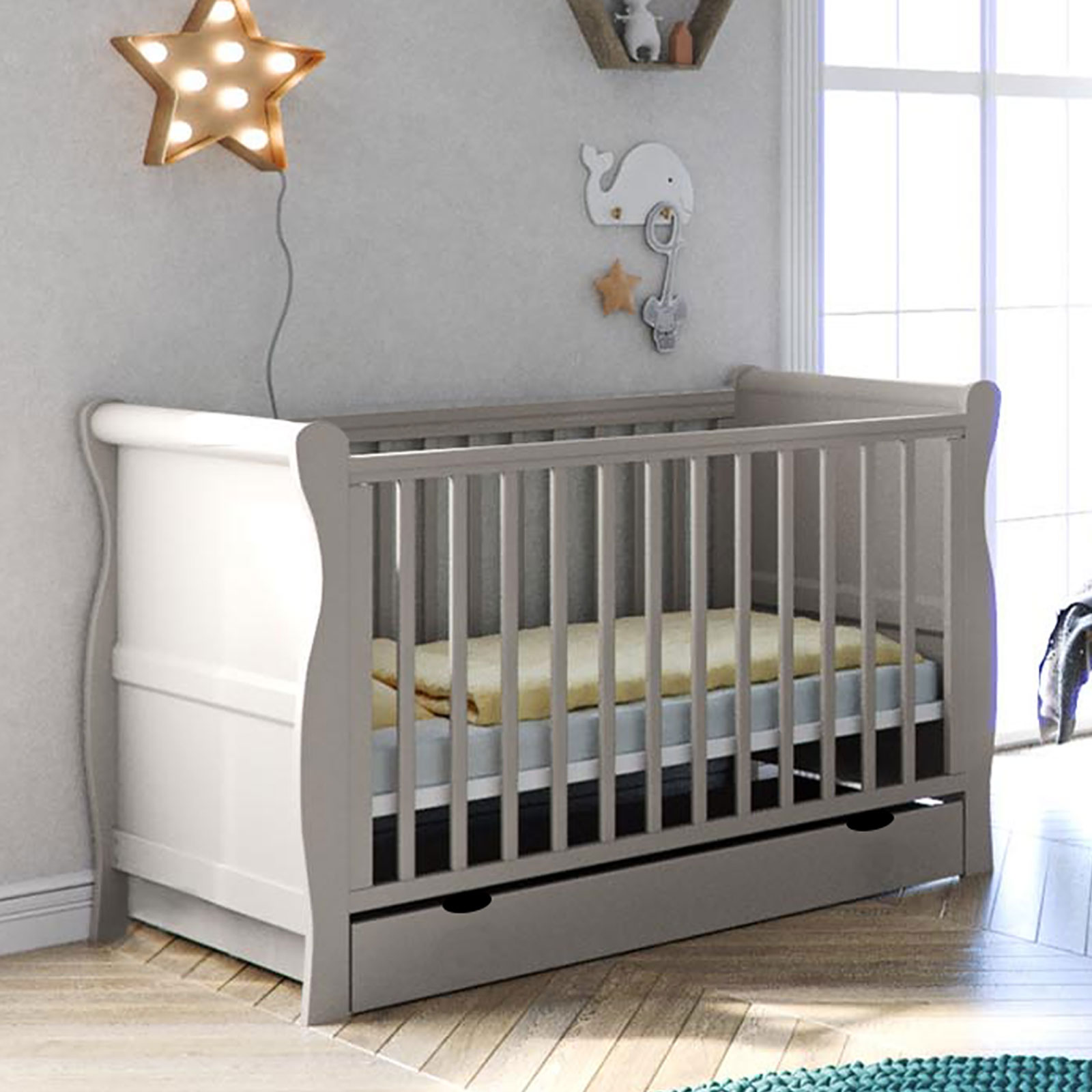 Puggle Alderley Sleigh Cot Bed with Drawer & Maxi Air Mattress - Classic Grey