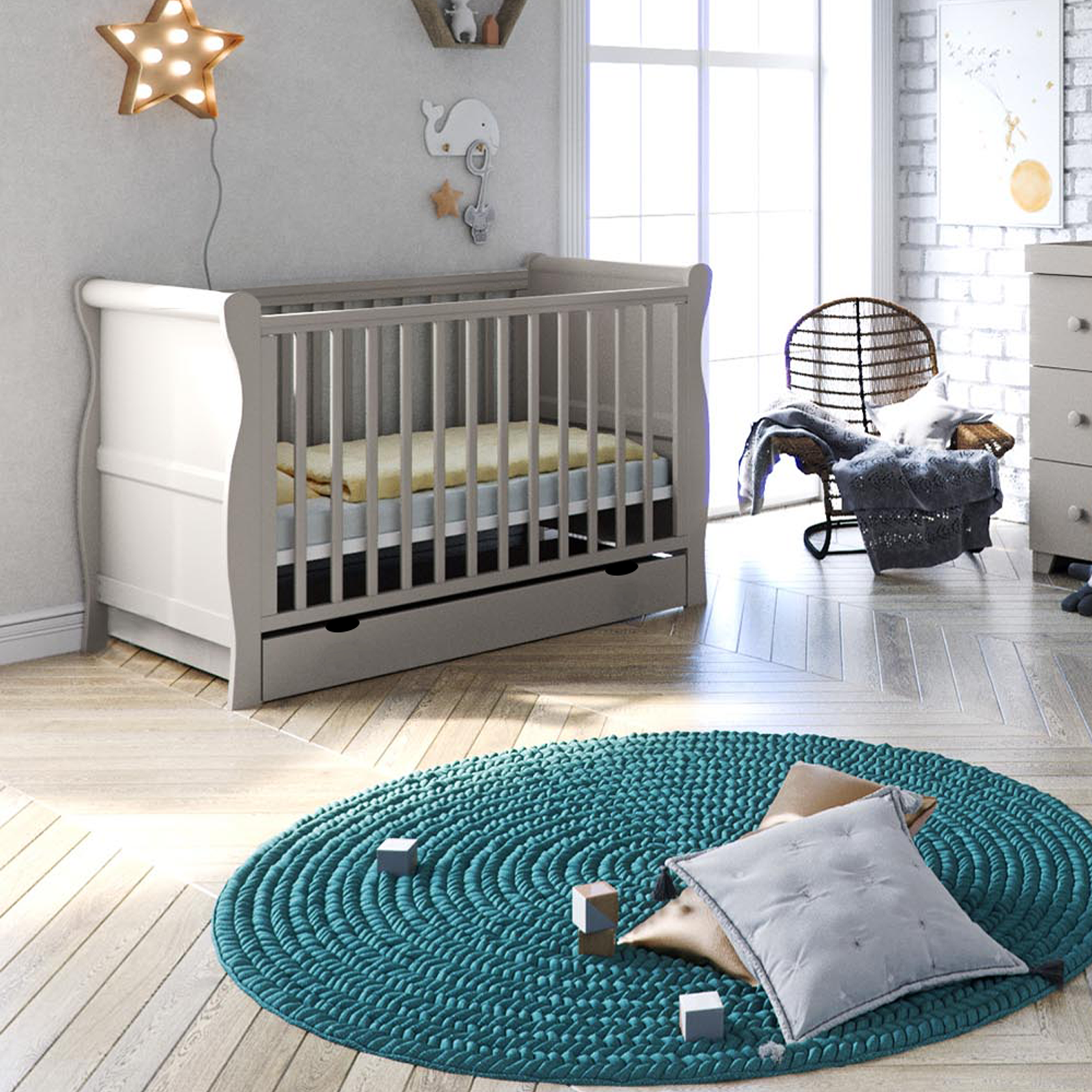 Puggle Alderley Sleigh Cot Bed with Drawer & Maxi Air Mattress - Classic Grey