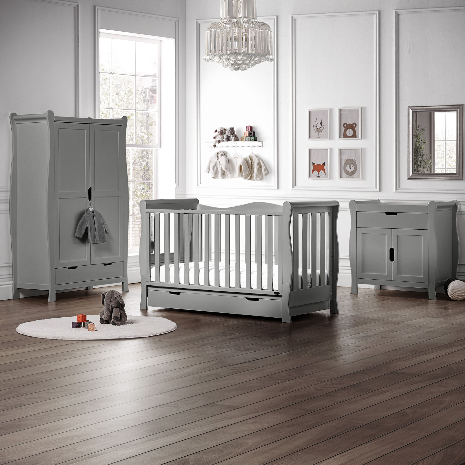 Puggle Prestbury Imperial Luxe Sleigh 6pc Nursery Furniture Set with Drawer & Maxi Air Cool Mattress - Grey