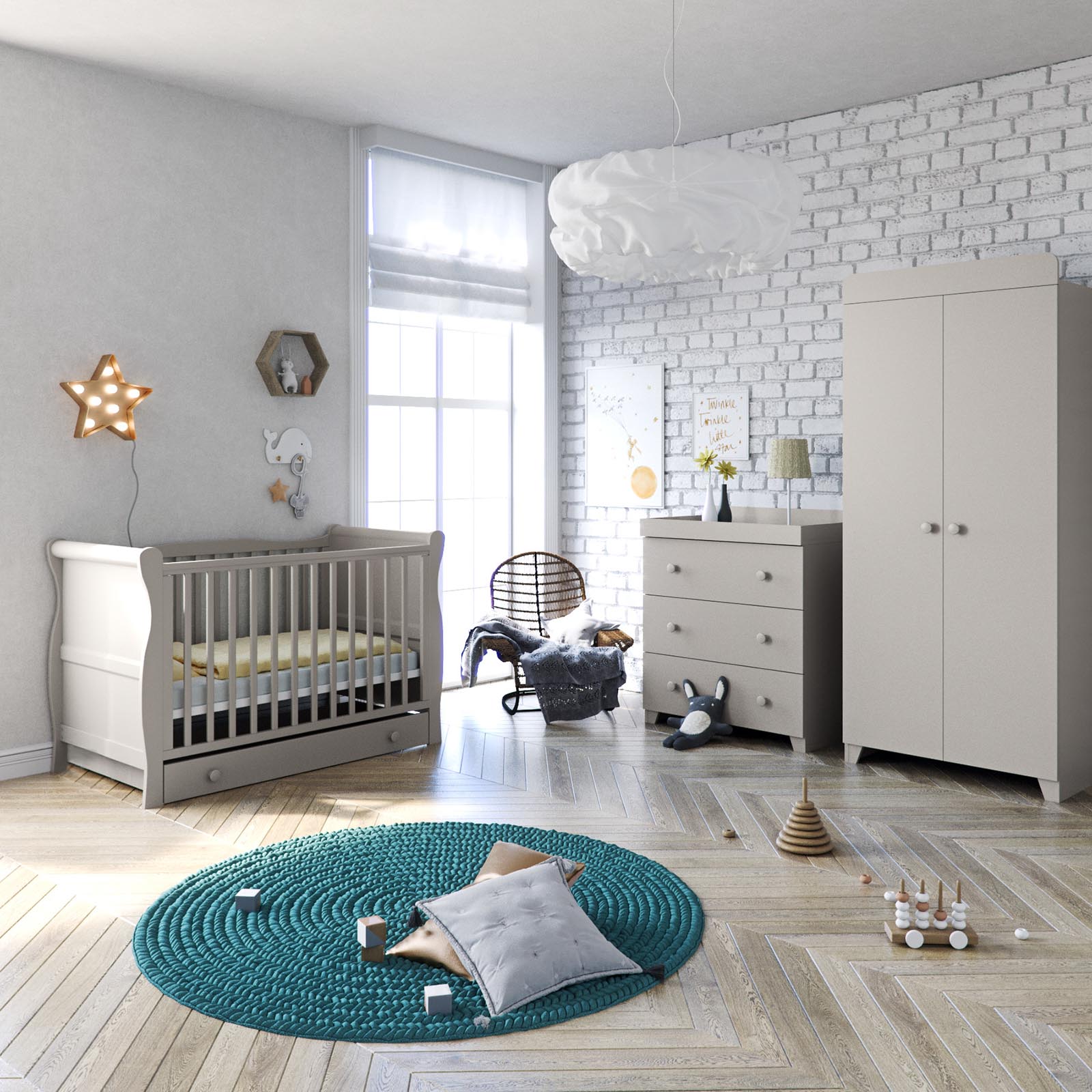 Little Acorns Sleigh Cot Bed 6 Piece Nursery Furniture Set With Maxi Air Cool Mattress - Grey