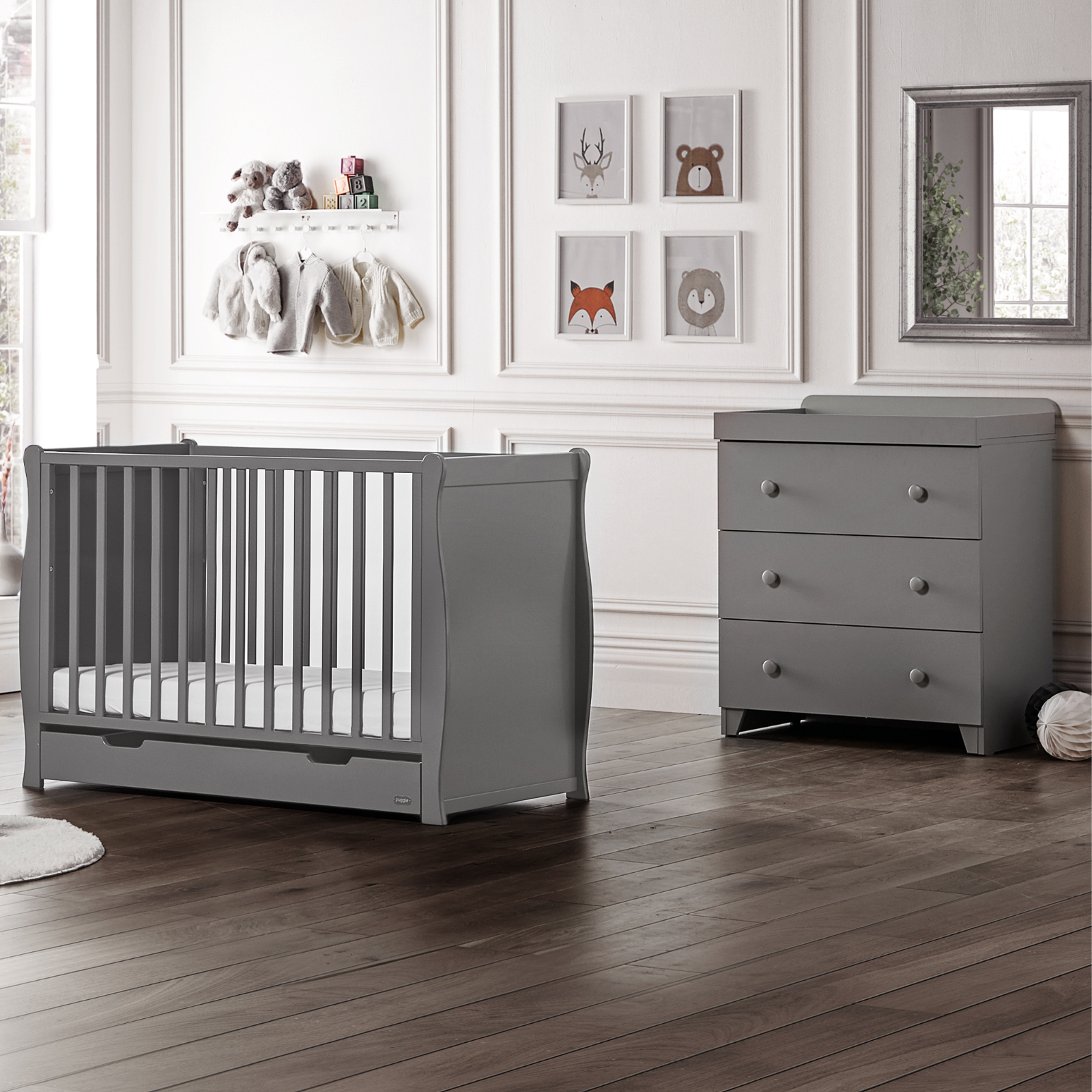 Puggle Chelford Sleigh Cot 5pc Nursery Furniture Set With Drawer & Maxi Air Cool Mattress - Grey