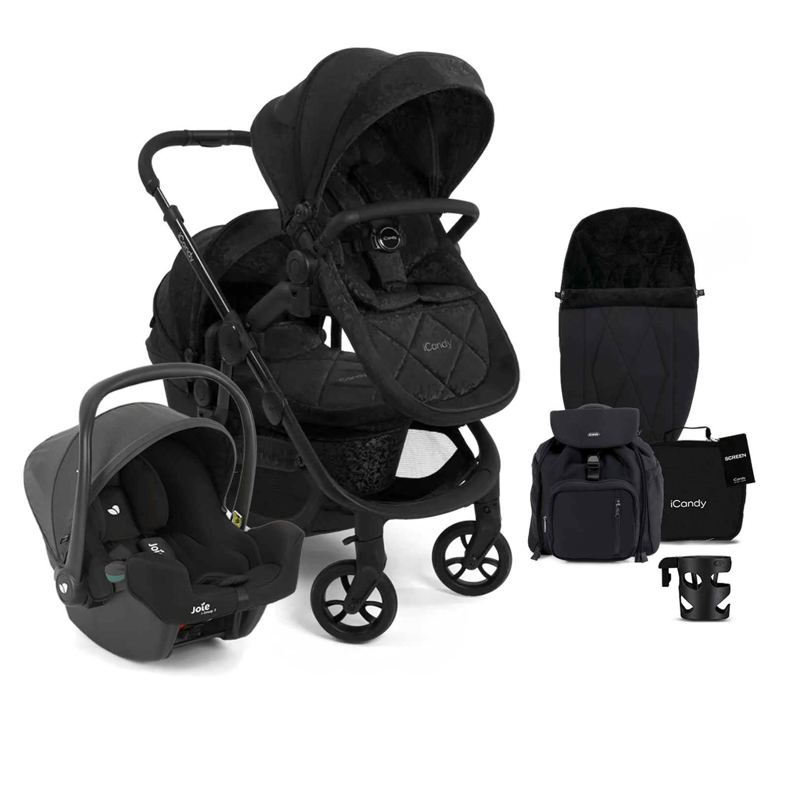 iCandy Orange 3 Double with i-Snug 2 Car Seat Complete 20 Piece Travel System Summer Bundle - Designer Black
