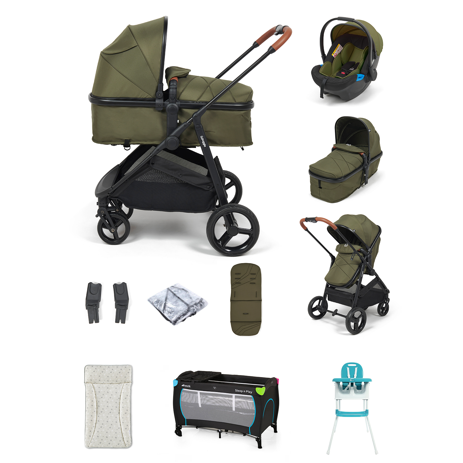 Puggle Monaco XT 2in1 Pram Pushchair Everything You Need Travel System Bundle - Forest Green
