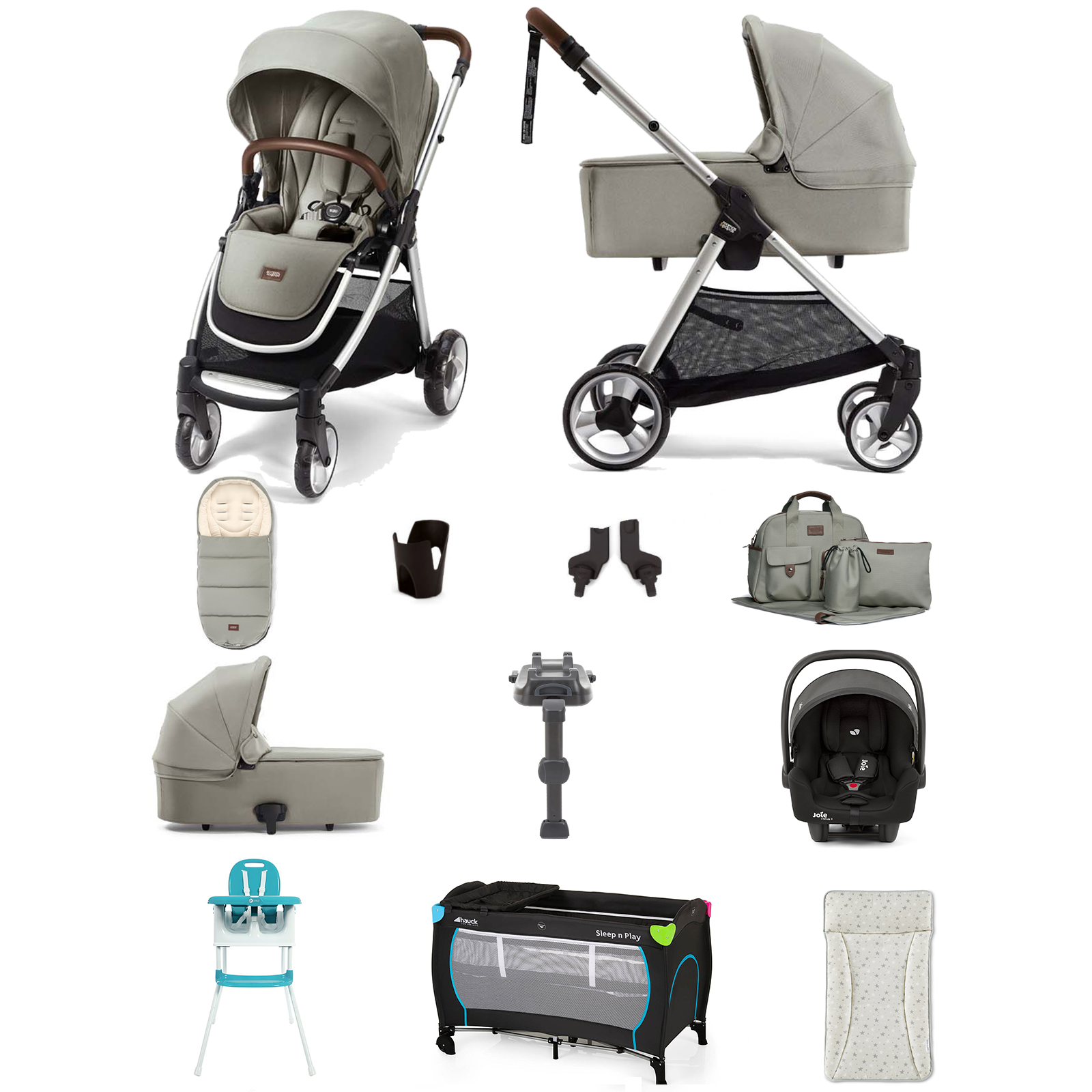 Mamas & Papas Flip XT2 12pc Essentials (i-Snug 2 Car Seat) Everything You Need Travel System Bundle with Carrycot & ISOFIX Base - Sage Green